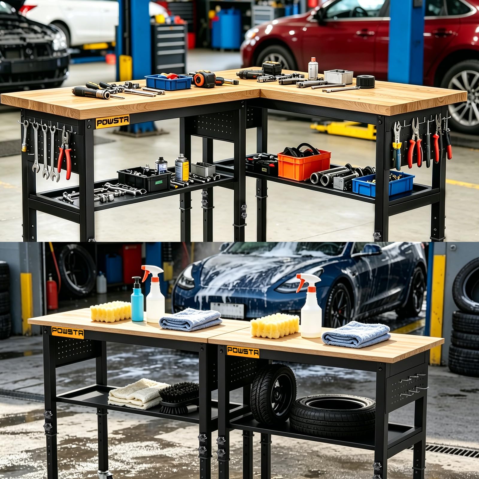 Schwerlast-Werkbank 120 cm, 900 kg Belastbar, 5-Stufig Höhenverstellbar, Gummiholz-Tischplatte, Lochplatte mit Haken, Doppelstöckig mit Rollen für Garage, Werkstatt & Büro