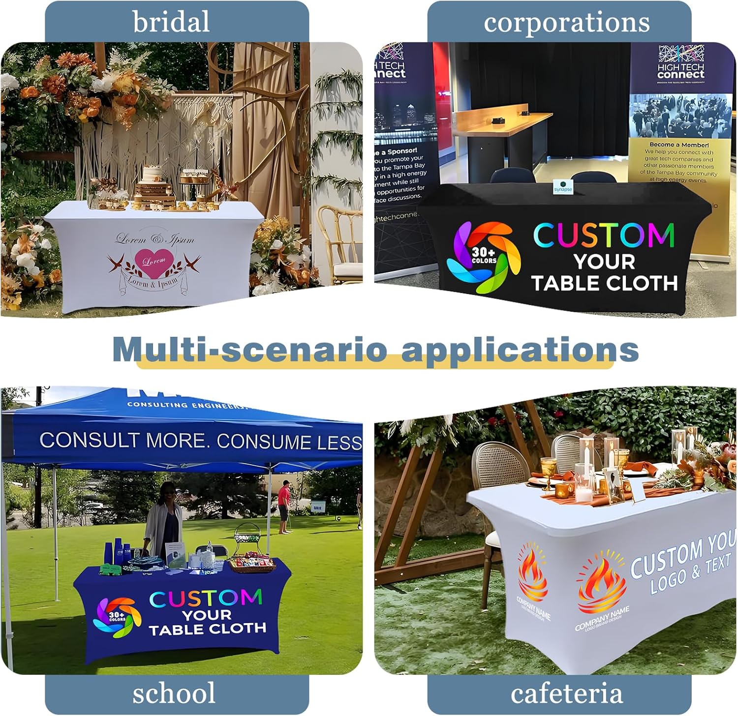 Custom Table Cloth with Business Logo Personalized Tablecloth with Text Image for Promotional Tradeshow Events Birthday Wedding Anniversary Rectangular Spandex (60x28in, 5FT Close Back)