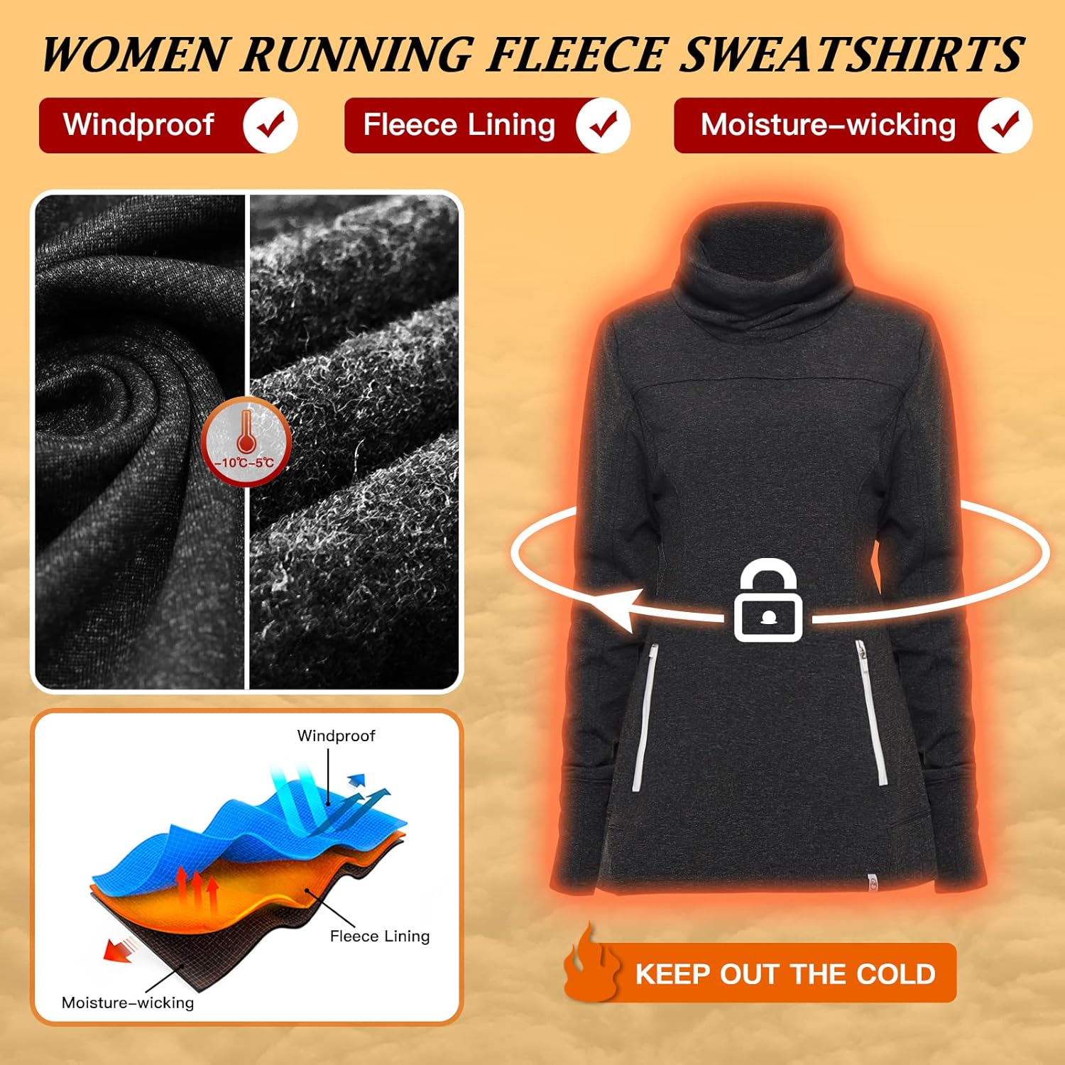 Soneven Women's Running Fleece Sweatshirts Cowl Neck Thermal Pullover Long Sleeve Shirt with Pocket and Neck Gaiter Face Mask - Image 2