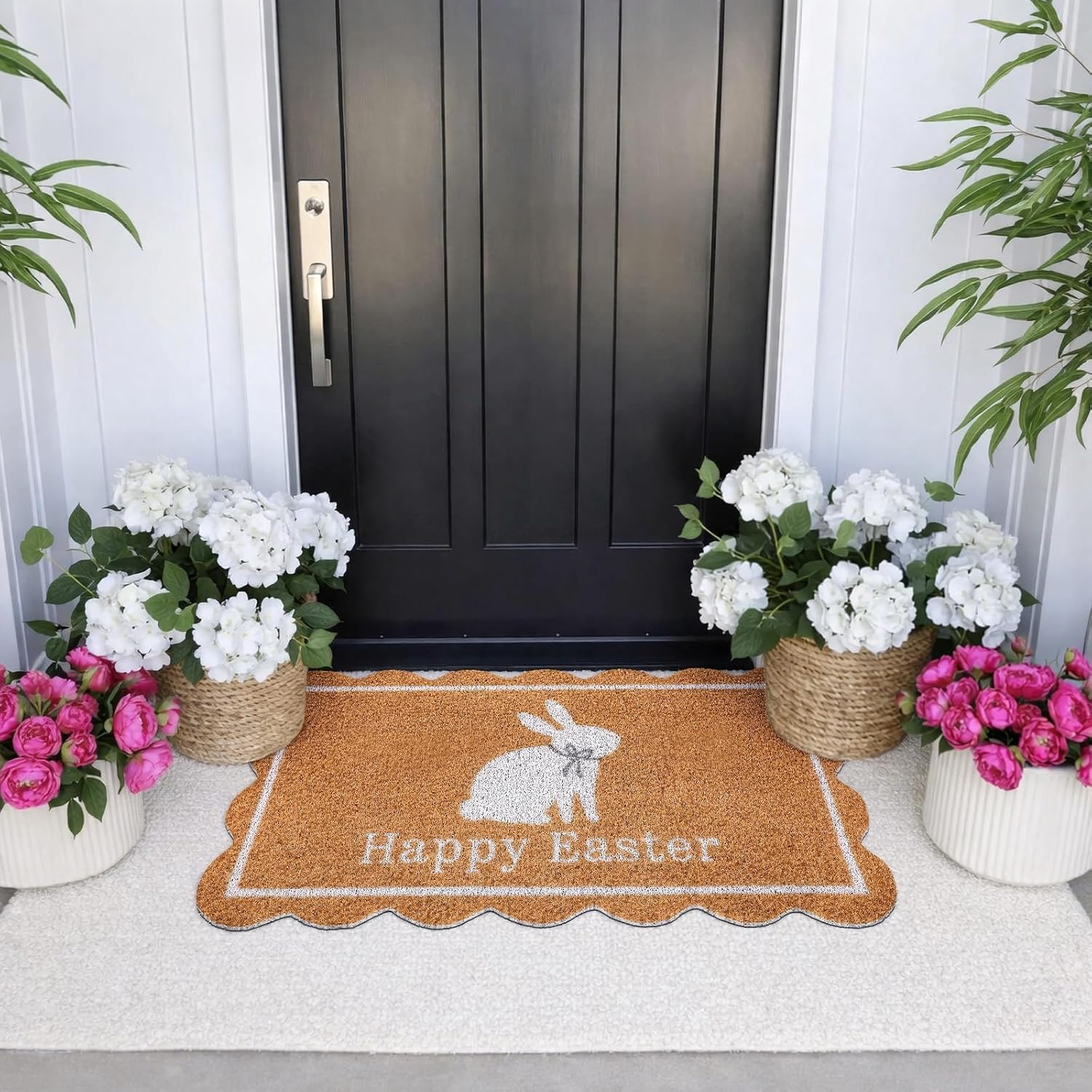 Dunzy Easter Doormat Happy Easter White Bunny Coir Door Mat Outdoor Natural Rabbit Welcome Non-Slip Front Mat Decorative Rugs Gifts for Indoor Home Farmhouse Entrance Porch Spring Party Decor