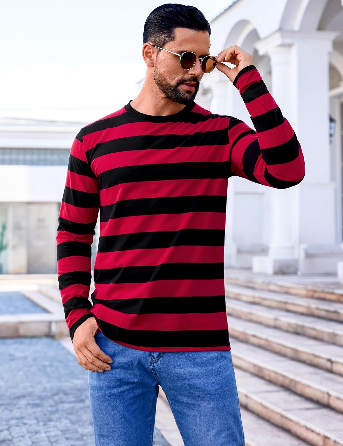 iClosam Mens Black and White Striped T Shirt Long Sleeve Crewneck Casual Basic Tee Cotton Pullover Tops S-3XL - Image 2