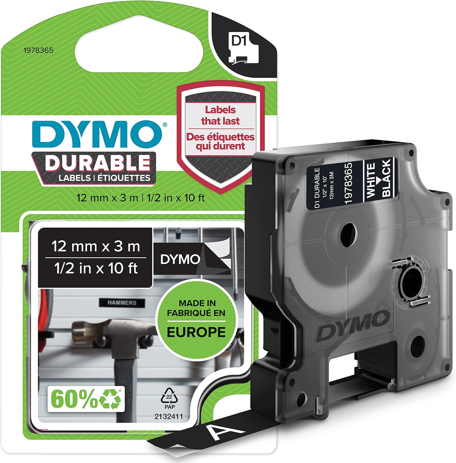 DYMO D1 Durable Labeling Tape for LabelManager Label Makers White Print on Black Tape 1/2" W x 10' L 1 Cartridge (1978365)