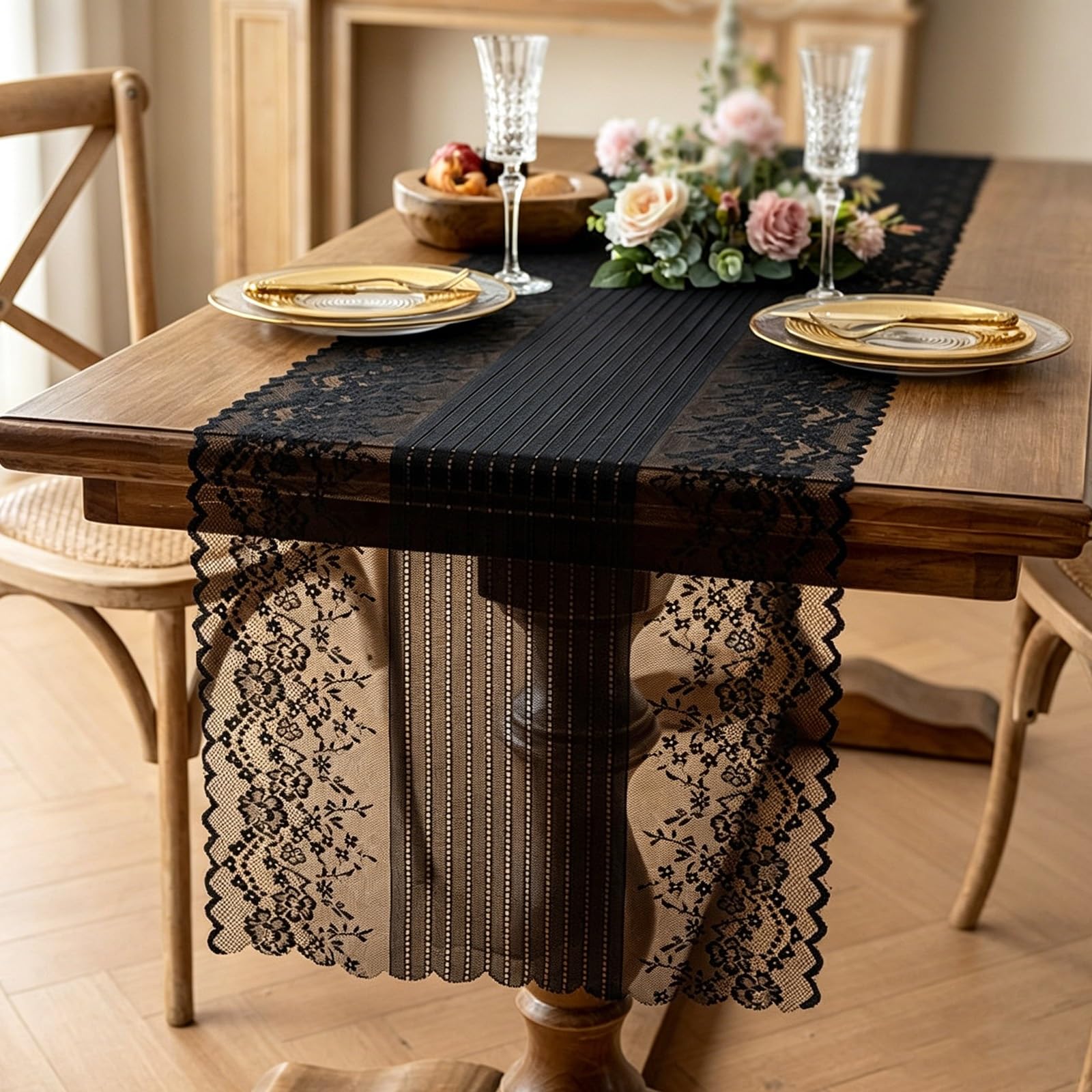 Lace Table Runner, Hollow Embroidery Floral Table Runner, Vintage Farmhouse Retro Country Style, for Dining Desk Dresser Wedding Dessert Desk Decor(Black,300cm/118.1in)