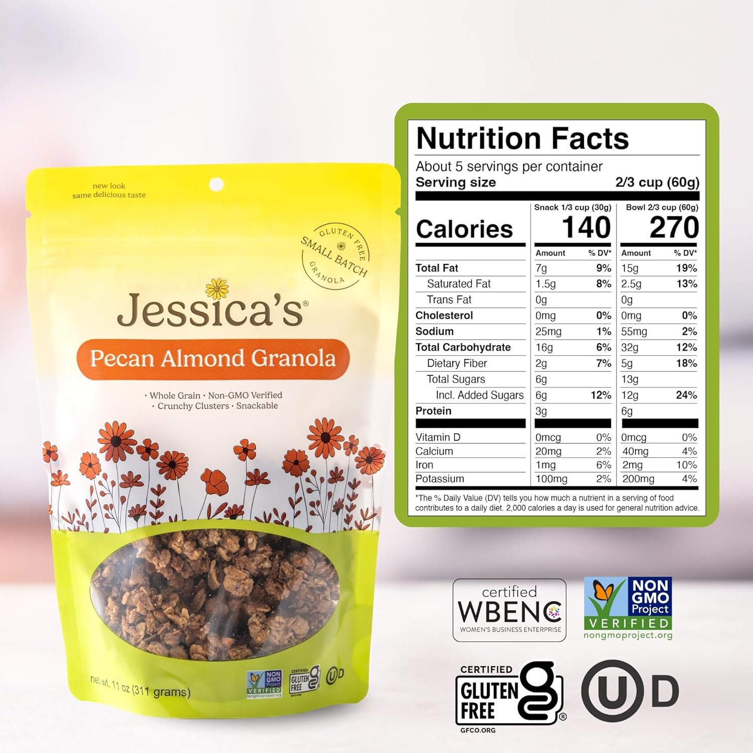 Jessica’s Pecan Almond Granola - Handmade, Non-GMO, Gluten-Free, Whole Grain, 11oz (3 Pack)