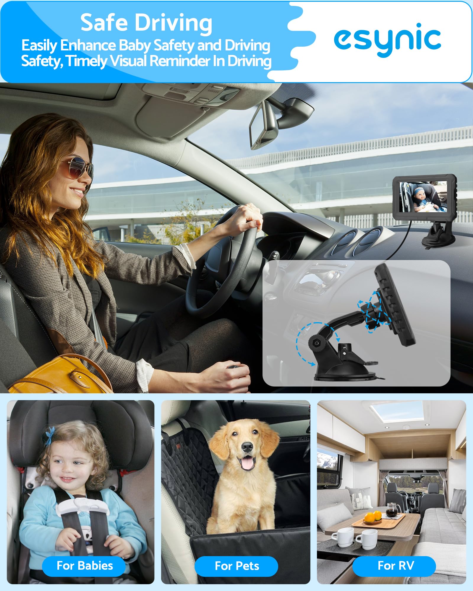 eSynic 1080P USB 4.3" lusterko samochodowe dla niemowląt obracane o 360° 8 LED noktowizor na podczerwień, lusterko wsteczne do samochodu dla bezpieczeństwa dzieci, samochód z przyssawką z kamerą na