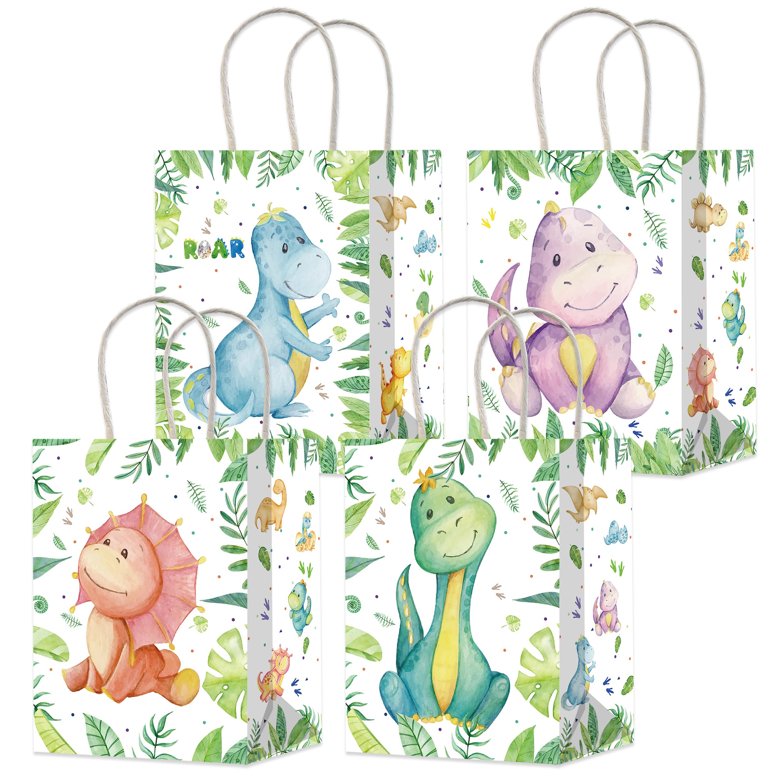 12Pcs Dinosaur Gift Treat Bags with Handles Dinosaur Theme Paper Tote Bags for Dinosaur Baby Shower Birthday Party Decorations Dino Roar Party Supplies