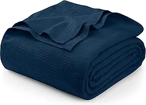 Utopia Bedding Navy 100% Cotton Blanket [Big Size - 120x120 Inch] 350GSM Lightweight, Soft and Breathable Thermal Blanket for All Seasons