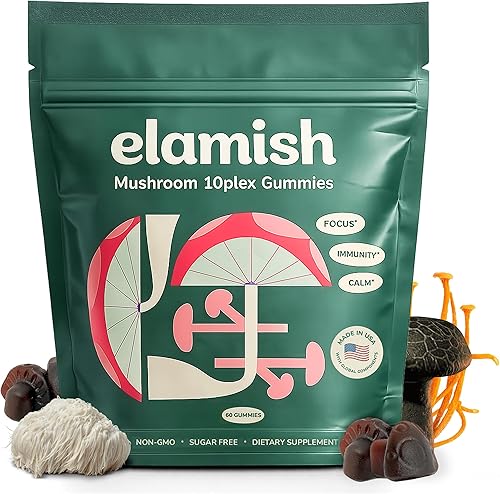 Elamish Gomitas de hongos – Enfoque, inmunidad y calma – Mezcla funcional de hongos 10 plex – Sin azúcar, sin OMG, sabor natural de fresa – Hecho en
