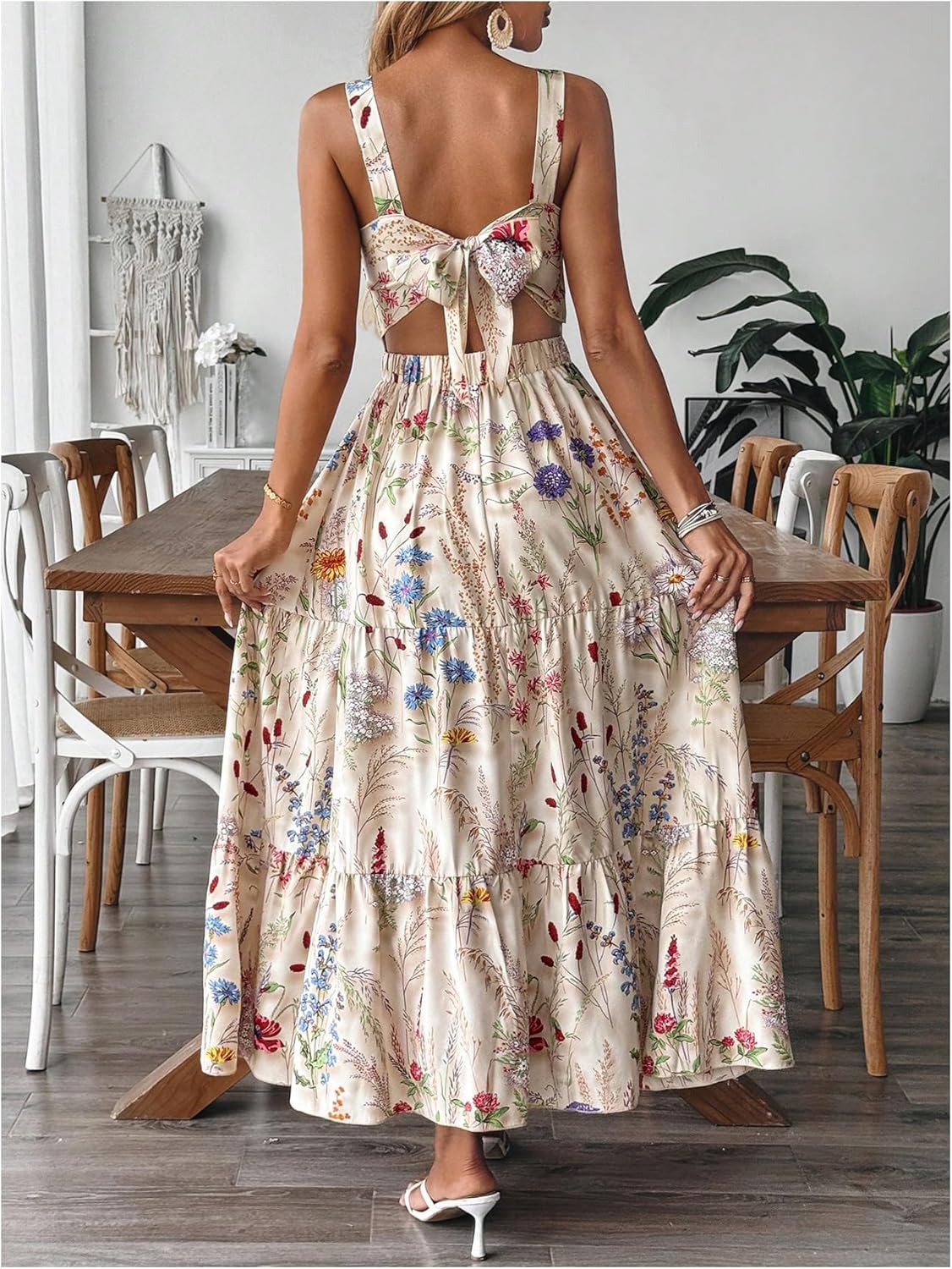 OYOANGLE Women's Floral Sleeveless Ruffle Tiered Dress Bow Back Beach Vacation Maxi Sundress - Image 2