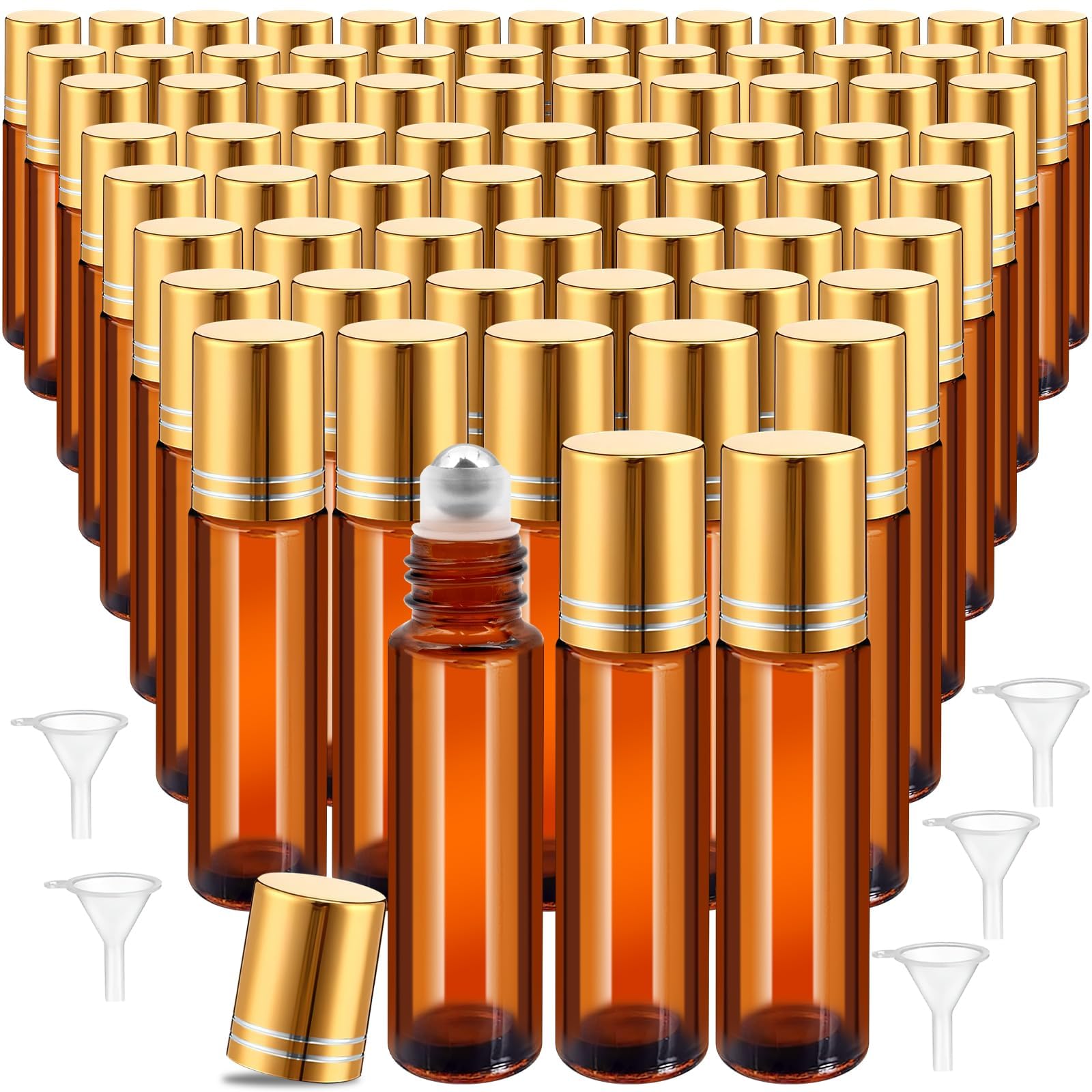 50 bottiglie Roll-On da 10 ml, in vetro ambra, ricaricabili, con sfera in acciaio inox, per oli essenziali, profumi e cosmetici, inclusi 5 tramoggia
