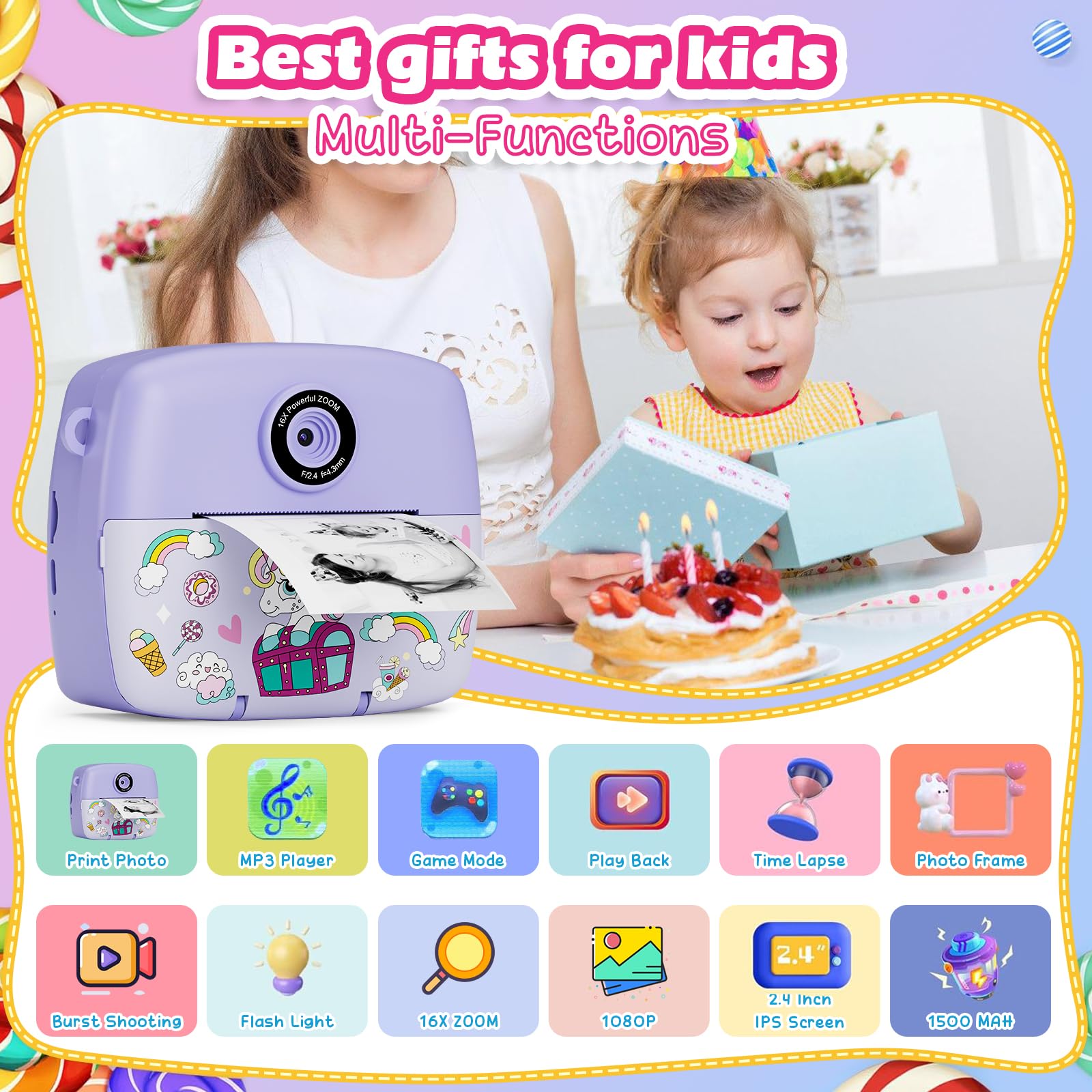 Camara de Fotos instantaneas,1080p vídeo Camara instanea,2,4" HD Camara Fotos Infantil con Tarjeta SD de 32GB,Regalos comunion niña para cámara instantánea,Juguetes niños 3 4 5 6 7 8 9 10 años