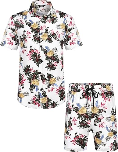 Vista 4 de COOFANDY - Conjunto de ropa playera hawaiana a juego de 2 piezas para hombre de verano con camisas con botones florales y pantalones cortos
