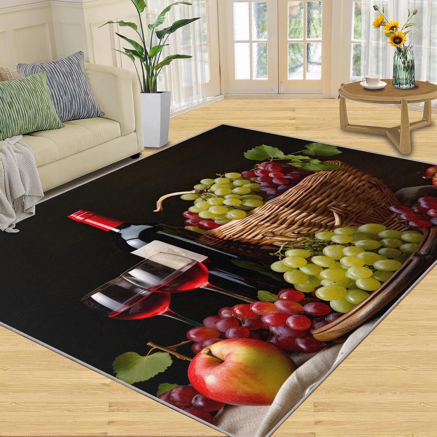 Red Wine Glass Rug 4x5-4x5 Rug, Fresh Grape Fruit Area Rugs for Living Room, Light Luxury Washable Indoor Area Mat, Black Carpet, Farmhouse Carpet - Wine Grapes Home Decor & Gifts