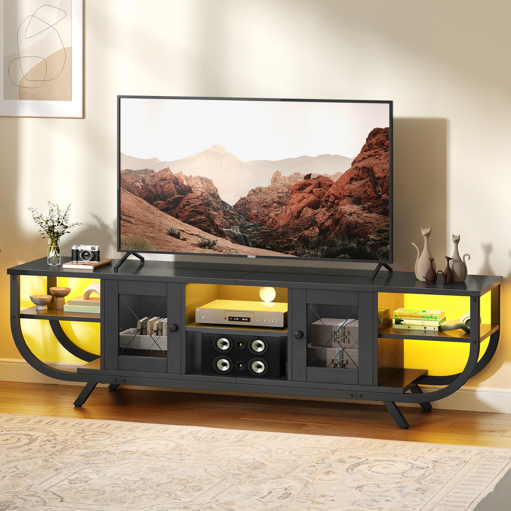 YITAHOME Meuble TV Industriel, Meuble Télé 160 cm Longueur pour Téléviseur Jusqu’à 65 Pouces avec Rangement Spacieux, Éclairage LED RGB, Cadre en Métal, Meuble Tele Salon, Chambre, Noir