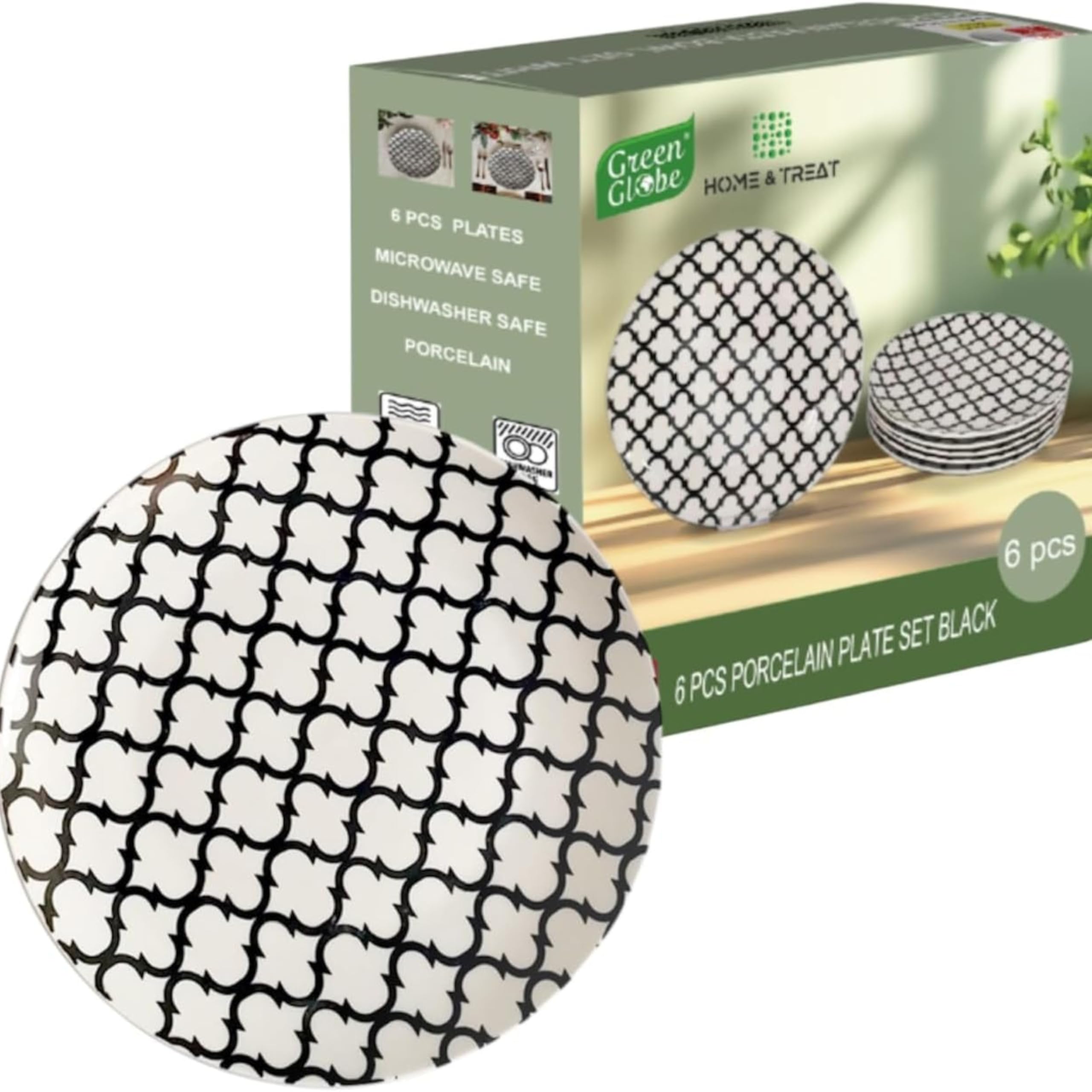 Premium Porcelain Ceramic Dinner Arabesque Pattern Plates Set of 6 – 10.5 Inch Scratch Resistant Dinnerware Warm Color Pasta Salad Dessert Plates for Appetizer – Dishwasher & Microwave Safe (Black)