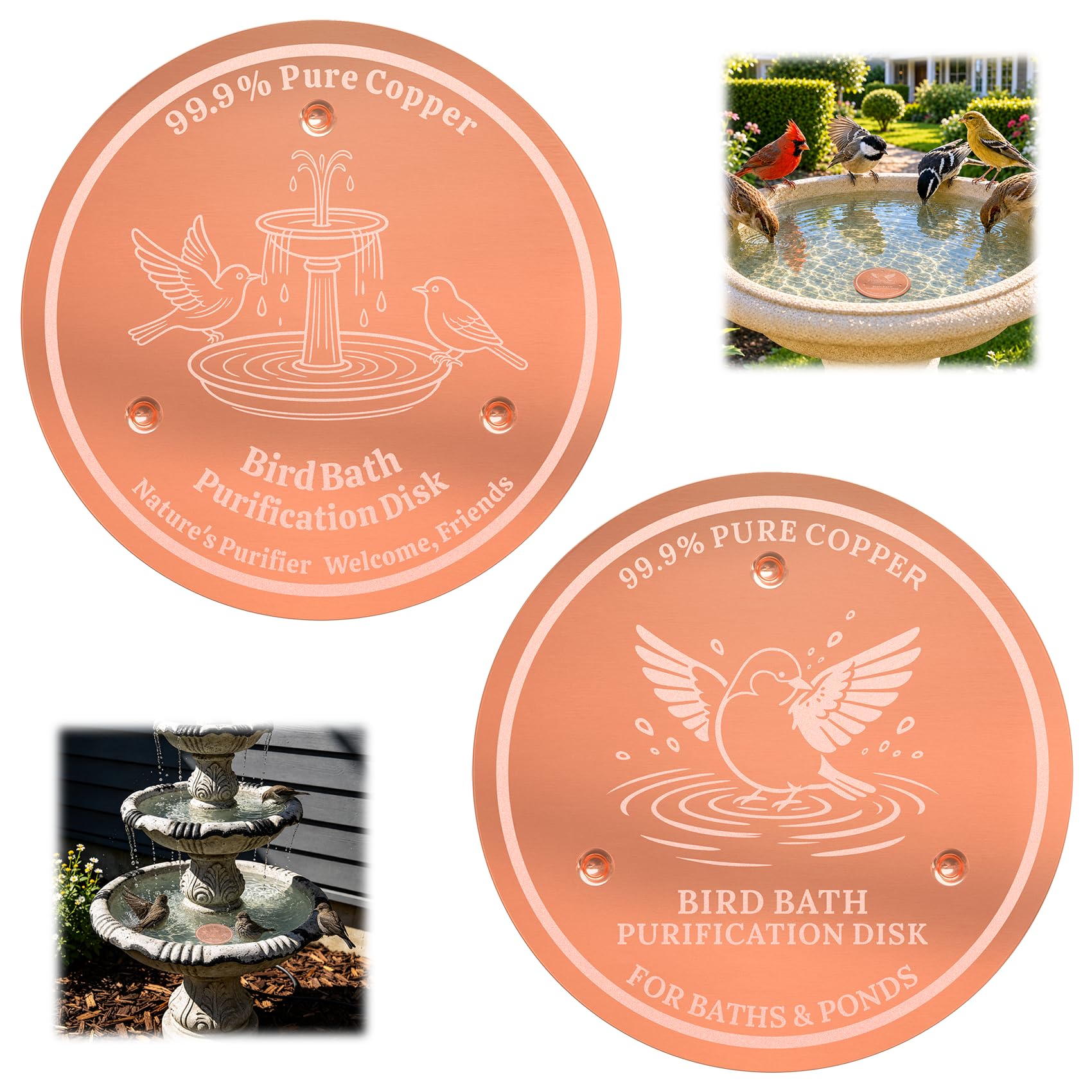 Jvchengxi 2 Pcs Bird Bath Copper Disk 99.9% Pure Copper Birdbath Purification Disk (SET 2) — image 1