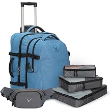 Hynes Eagle 2 in 1 Travel Backpack 22 inches Carry on Luggage 63L Rolling Backpack for Men Women with Packing Cubes 3PCS Set Blue Waist Pack Grey