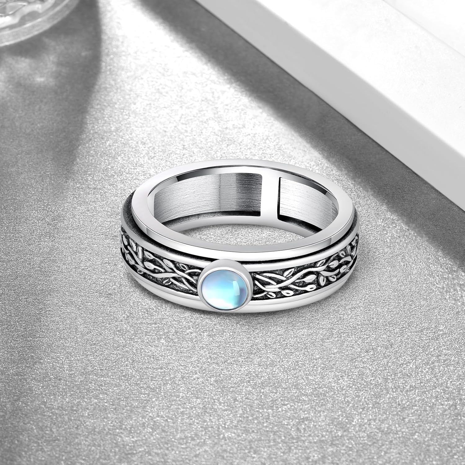 Fidget Ring 925 Sterling Silver Spinner Rings Filigree Tree of Life Anxiety Rings for Women Moonstone Fidget Jewelry Gifts - Image 2