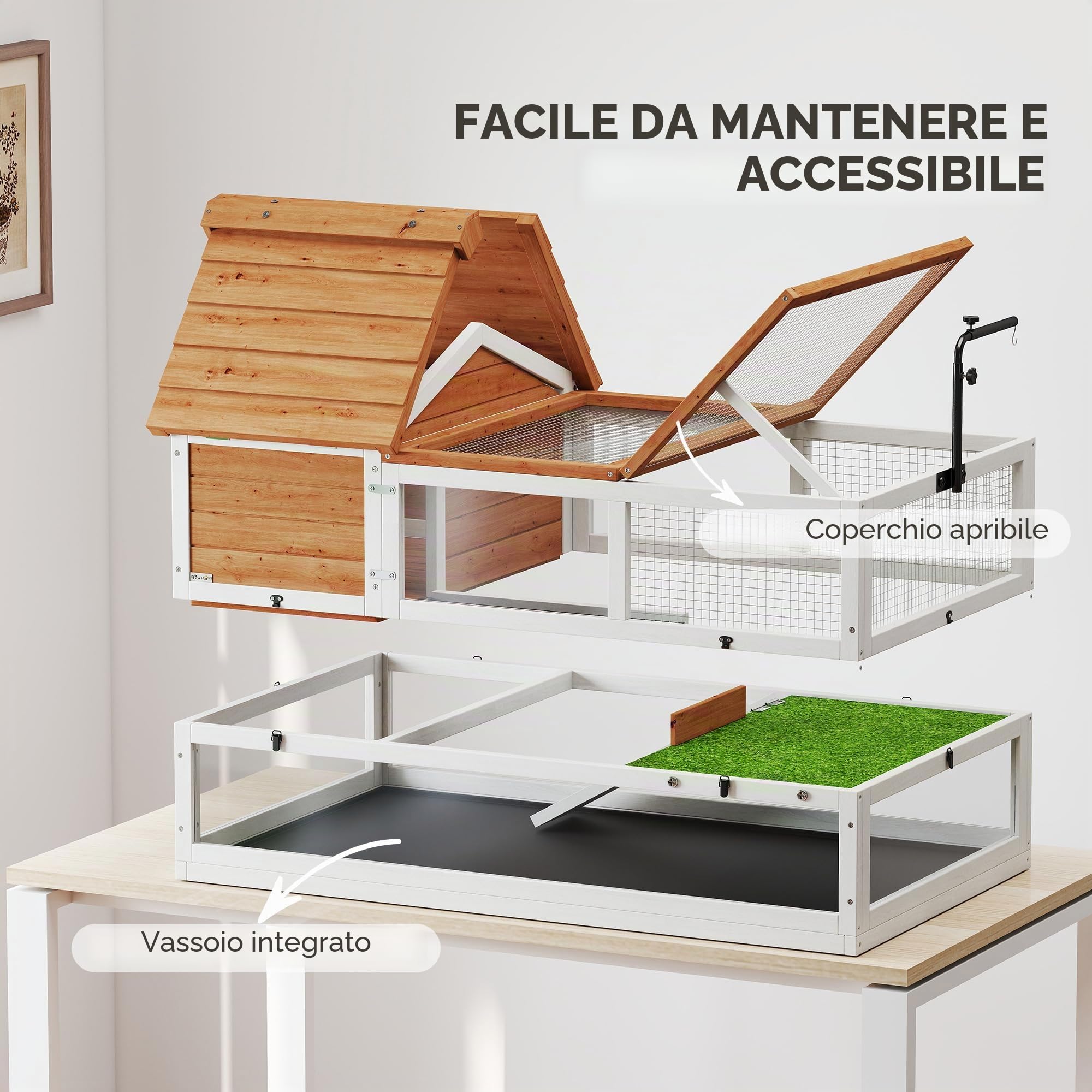 PawHut Recinto per tartarughe in legno con due case principali incernierate - Supporto lampada - Gabbia esterna per rettili - 116 x 70,5 x 69,5 cm, arancione