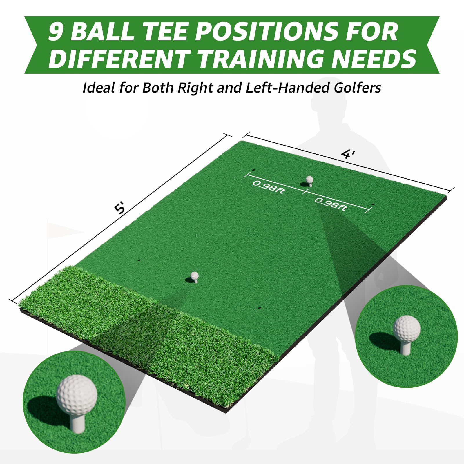 XDriveMax Einzel-/Dual-Turf Golf Abschlagmatte,152x121cm Golf Matte,Abschlagmatte Golf Training aus Kunstrasen für drinnen/draußen, einschließlich 3 Gummitees für Männer und Golfer