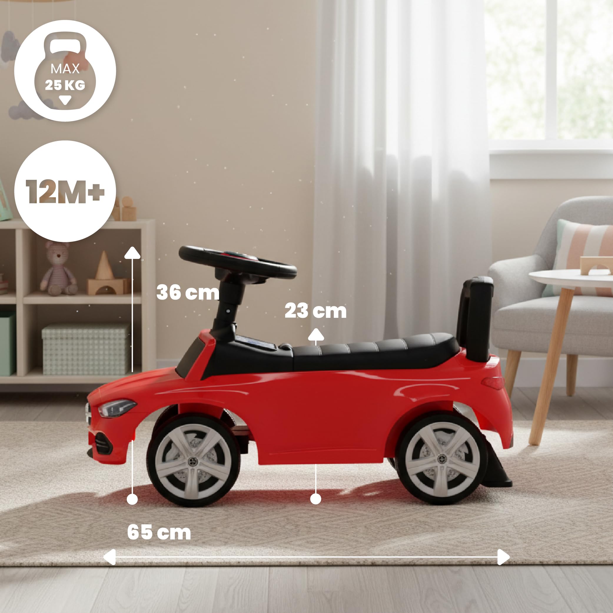 sun baby Macchinina Cavalcabile per Bambini, Macchina a spinta da 12 mesi, volante audio, sedile con schienale, vano portaoggetti sotto il sedile, protezione antiribaltamento (Rosso)