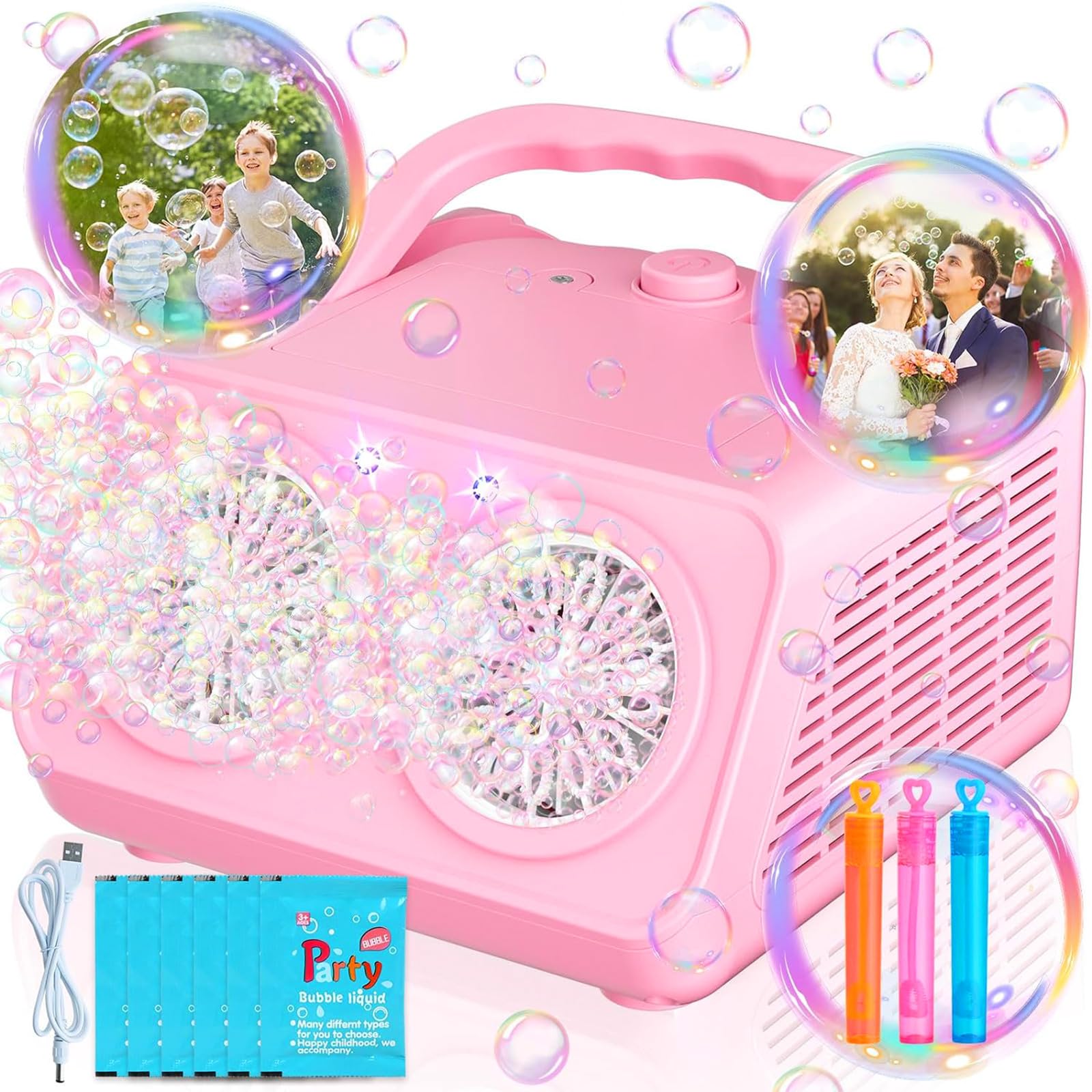 Macchina Bolle di Sapone, Spara Bolle di Sapone Automatico, 22000+ Bolle al Minuto, 2 Velocità, Giochi da Esterno per Bambini, Compleanno Gadget Matrimonio (Rosa)
