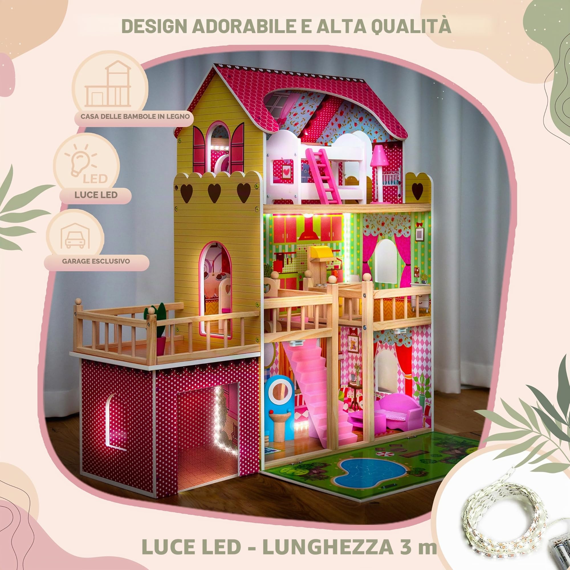 Kinderplay Green Series Casa delle Bambole in Legno – Villa a 3 Piani con LED, Giardino e Garage – Arredi Inclusi – 90x60x90 cm – Modello GS0020
