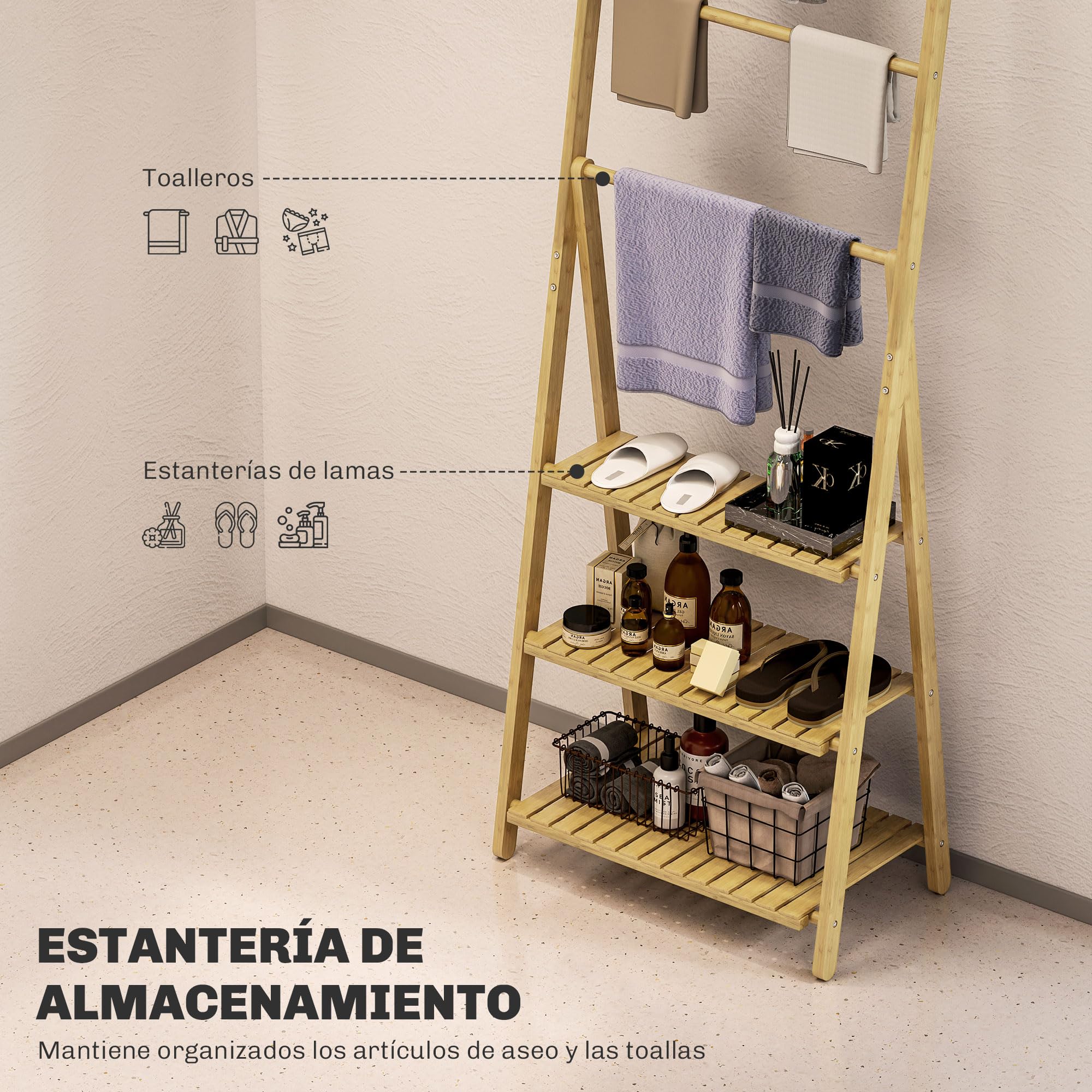 HOMCOM Estantería de Baño de Bambú con 3 Estantes 53,5x30x153 cm Natural | Estantería de Almacenaje, Plegable, con Barras, en Forma de A