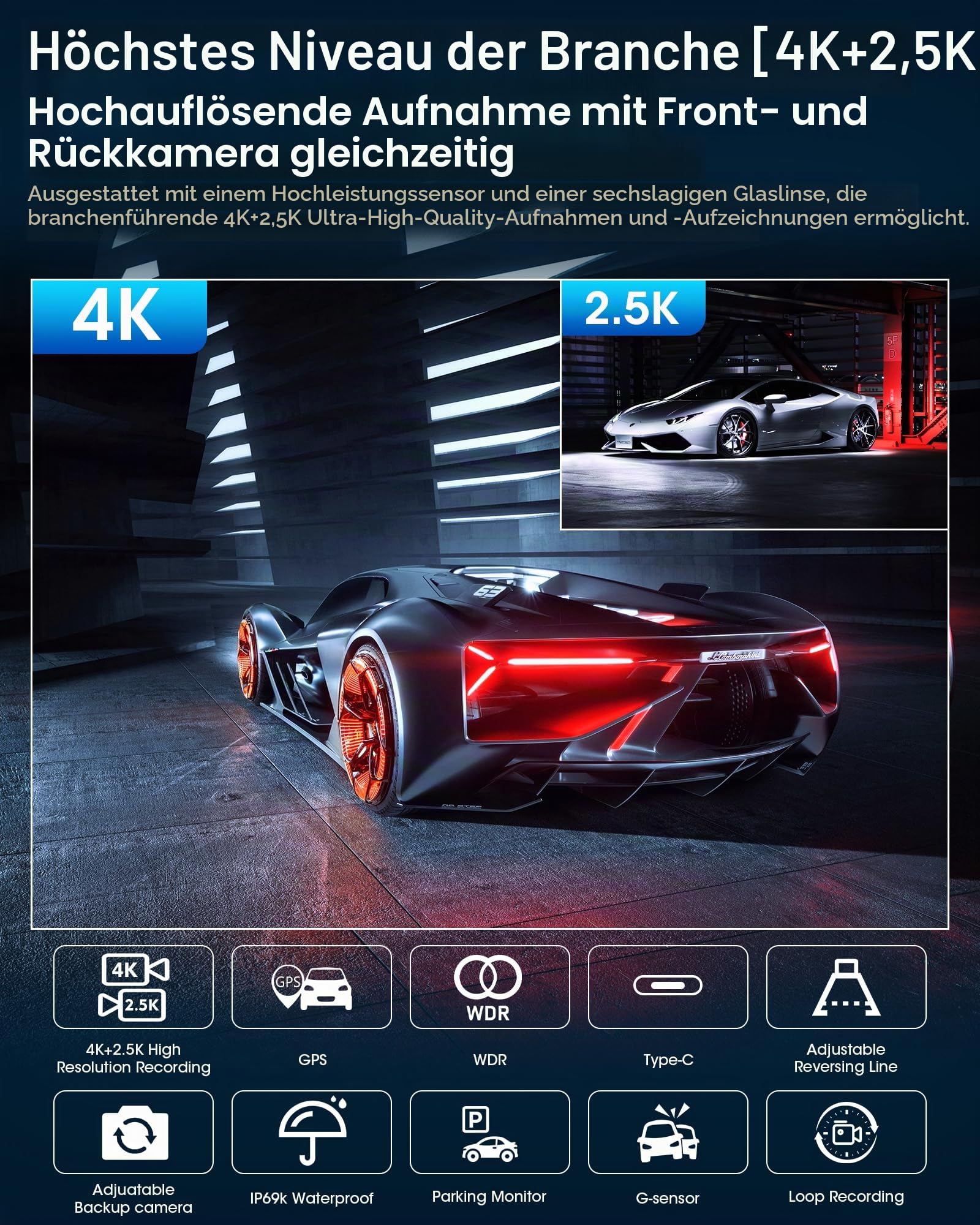 4K+2.5K Dashcam Auto Spiegel Dashcam mit Rückfahrkamera 12''Spiegel Vorne Hinten Auto Kamera mit GPS und 64G SD-Karte WDR Loop-Aufnahme G-Sensor