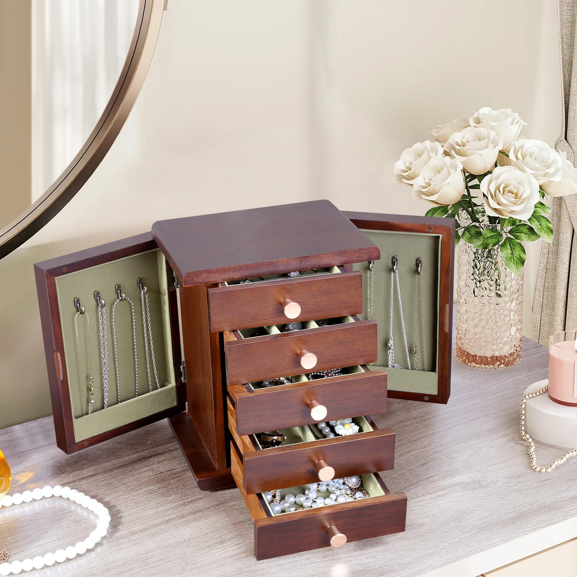 Kendal Joyero de madera para mujer, organizador de joyas de madera, caja organizadora de joyas de 5 capas con puerta lateral, organizador de joyas para aretes, collares, anillos