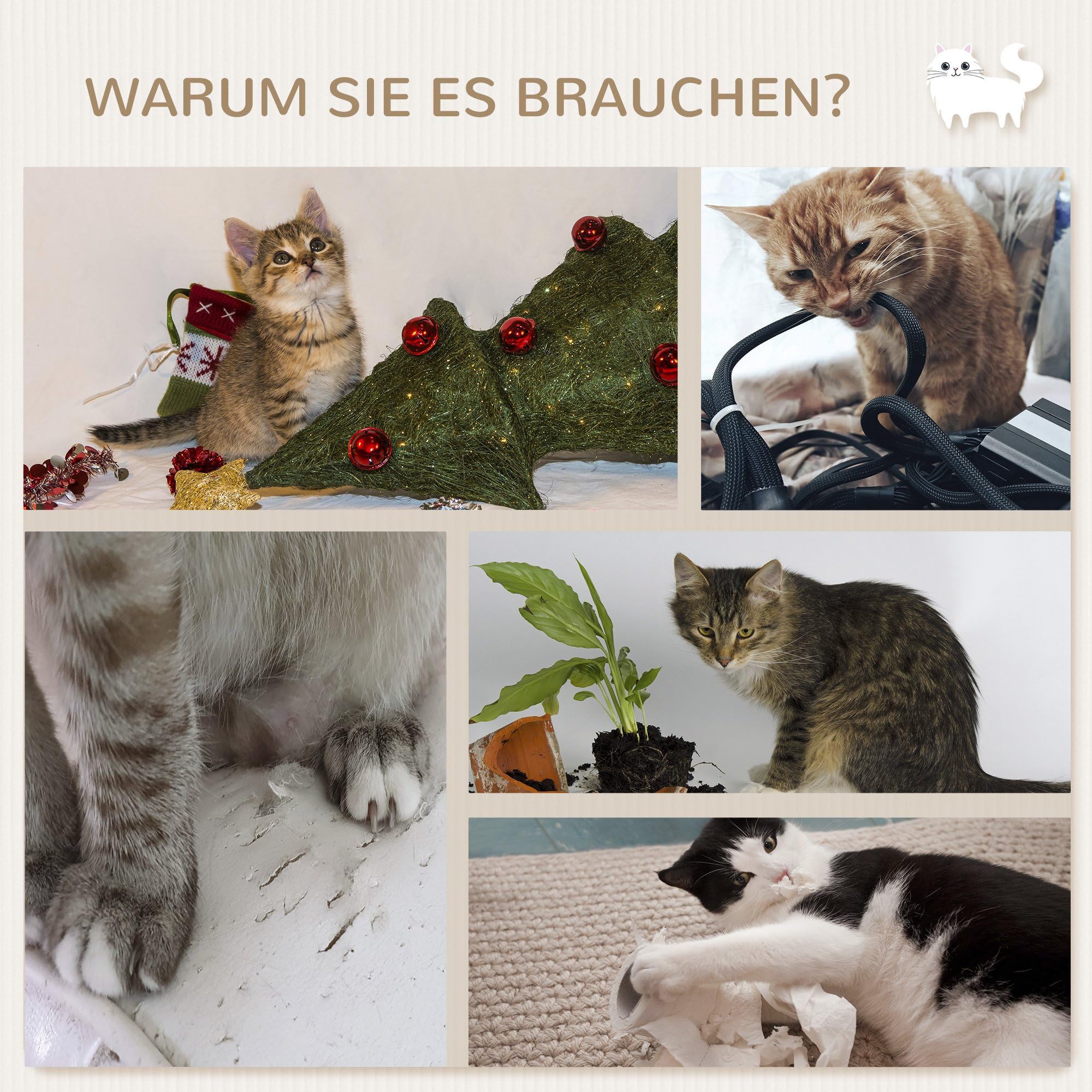 PawHut Ścianka wspinaczkowa dla kotów, 4-częściowy zestaw ścianek do wspinaczki ze schodami kaztowymi, mostem dla kota, hamakiem, drapak z platformą do skakania, drapak ścienny 7 w 1, meble dla kotów