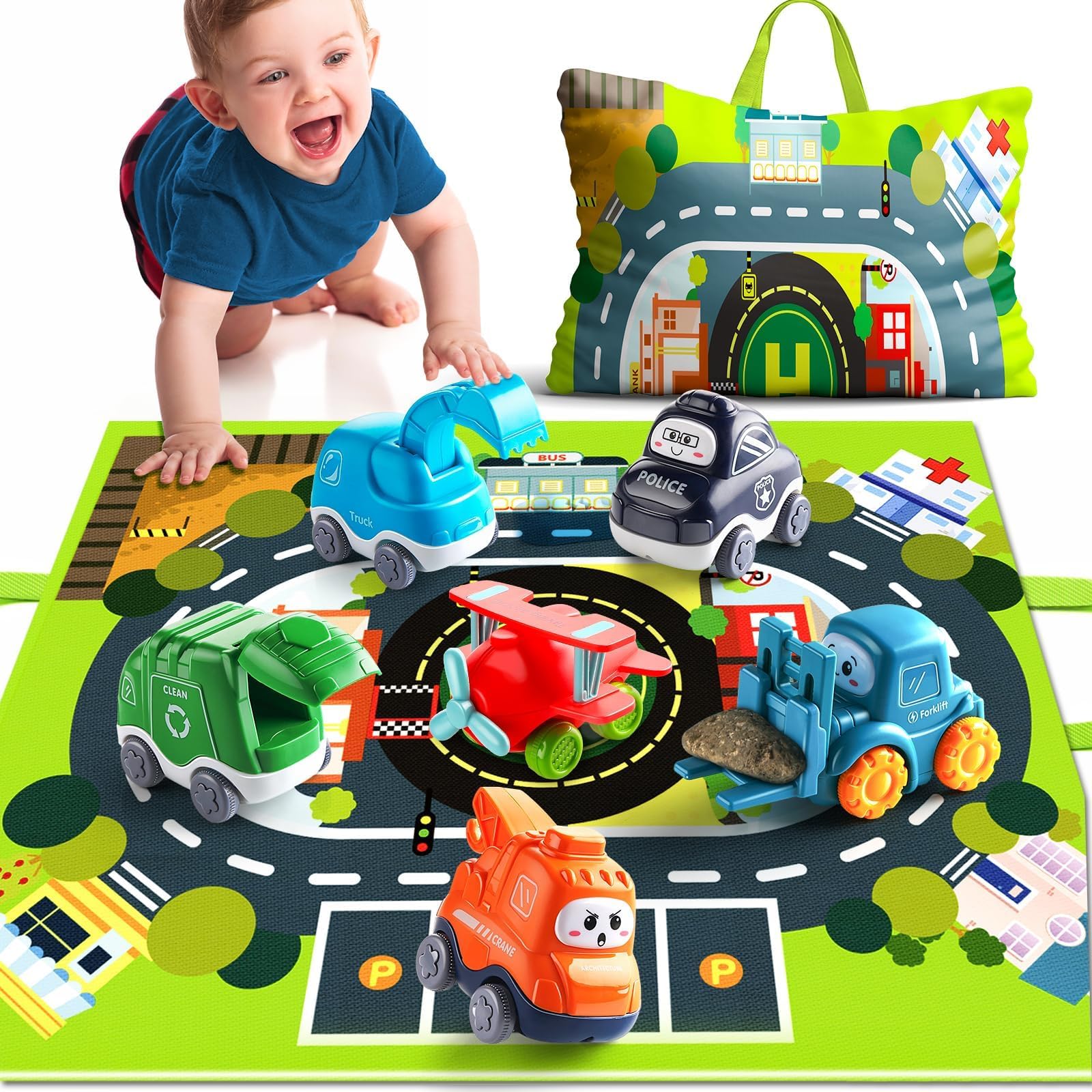 Big Cartoon Truck Car Toys for 1 Year Old Boy with Playmat/Storage Bag|Baby and Toddler Toys 12-18 Months & Age 1-2|1st Birthday for Baby Toys 1 Year Old