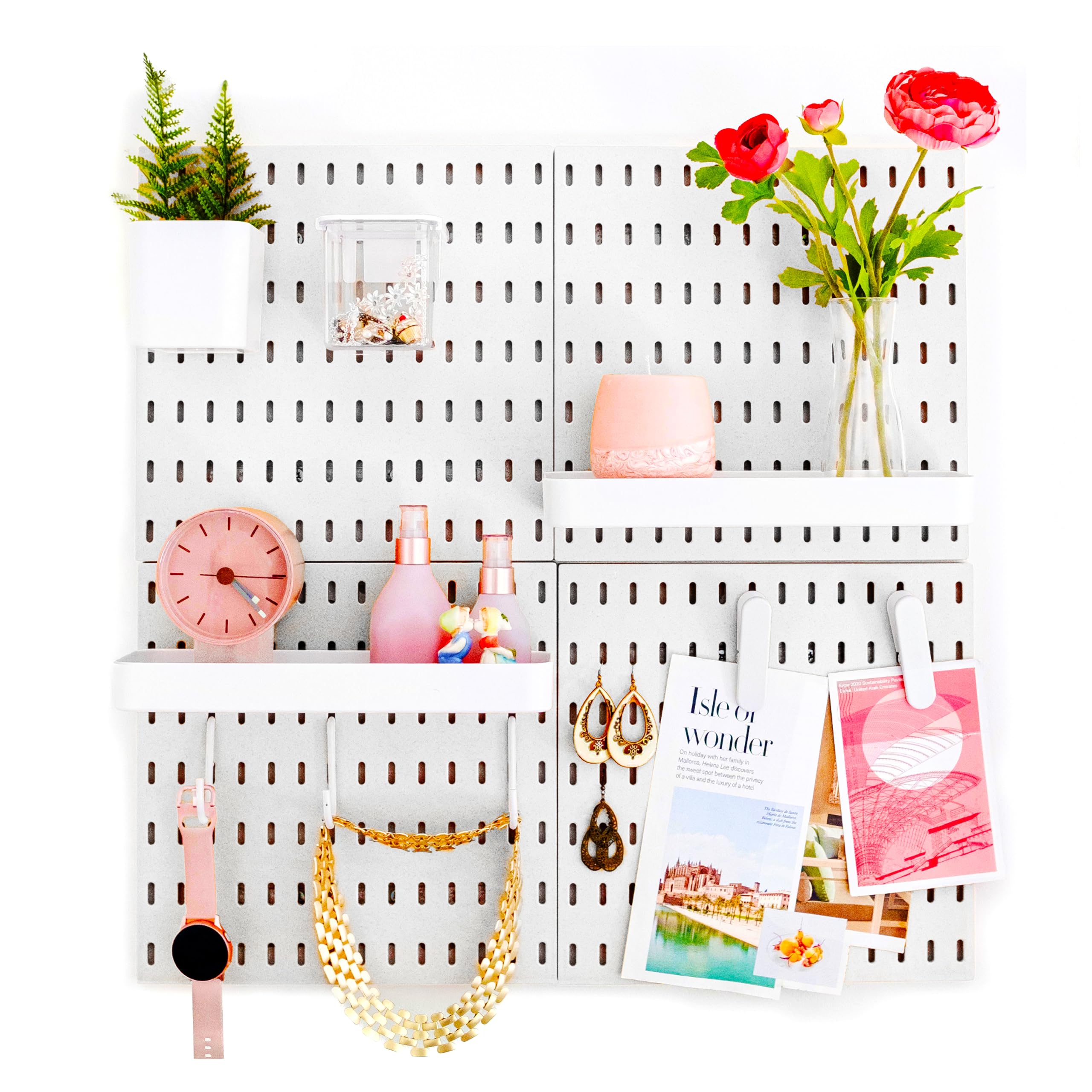 L'essentiel Home and Office Wall Organiser Pegboard 56 * 56cm Complete Set (4 Tiles of 28 * 28cm) and Accessories - Whit (White, 4 panels set)