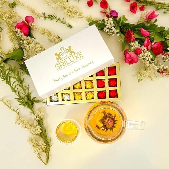 SRILUXE - 18 Assorted Luxury Premium Blooming Tea | Wonderfully Wrapped in Silver, Gold and Red | perfect for gifting or self-indulgence (18 Assorted Blooming Tea)