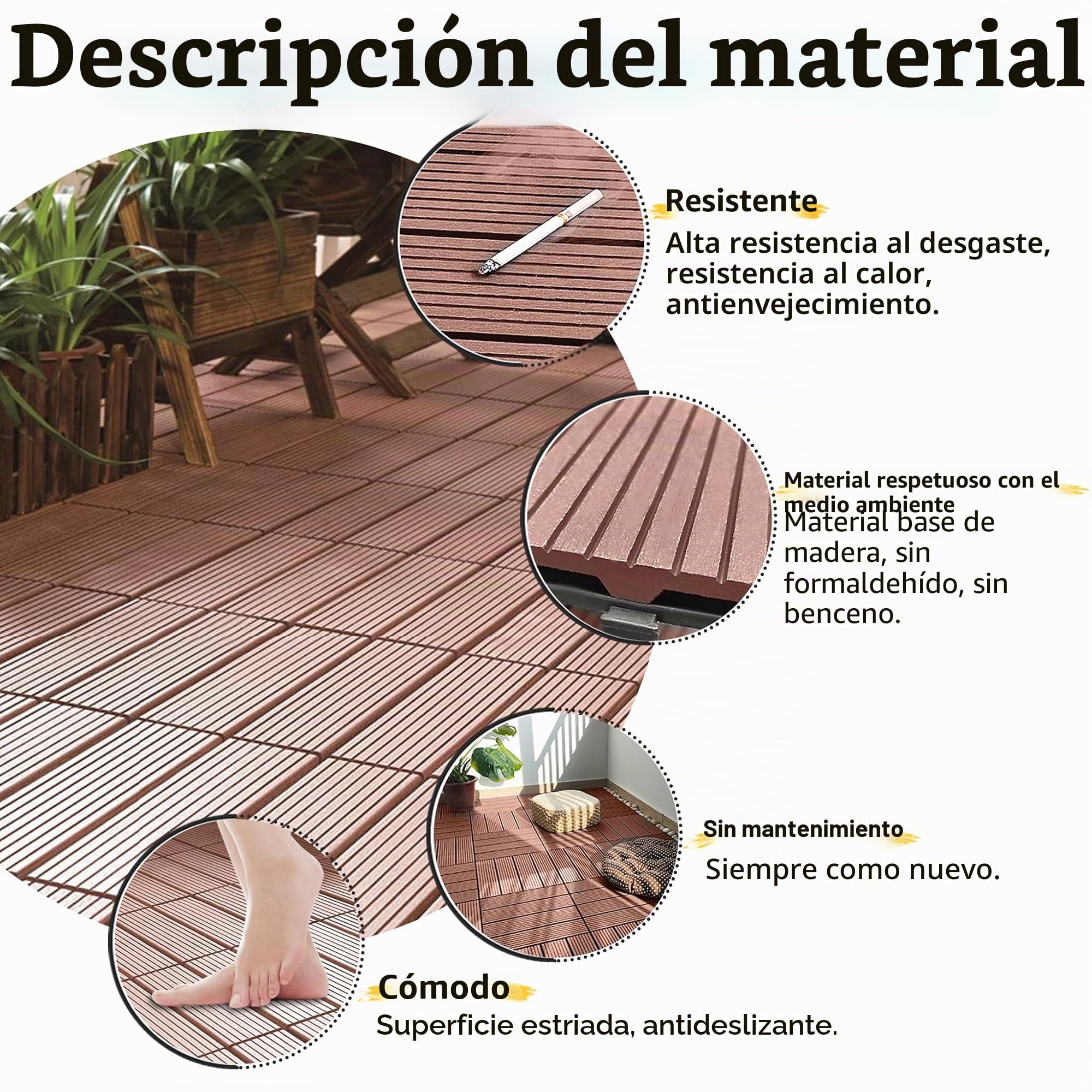 UISEBRT 6 unidades de suelo de balcón de WPC, azulejos de terraza, aspecto de madera, sistema de clic, de plástico, para jardín, balcón, terraza (30 x 60 cm, marrón)