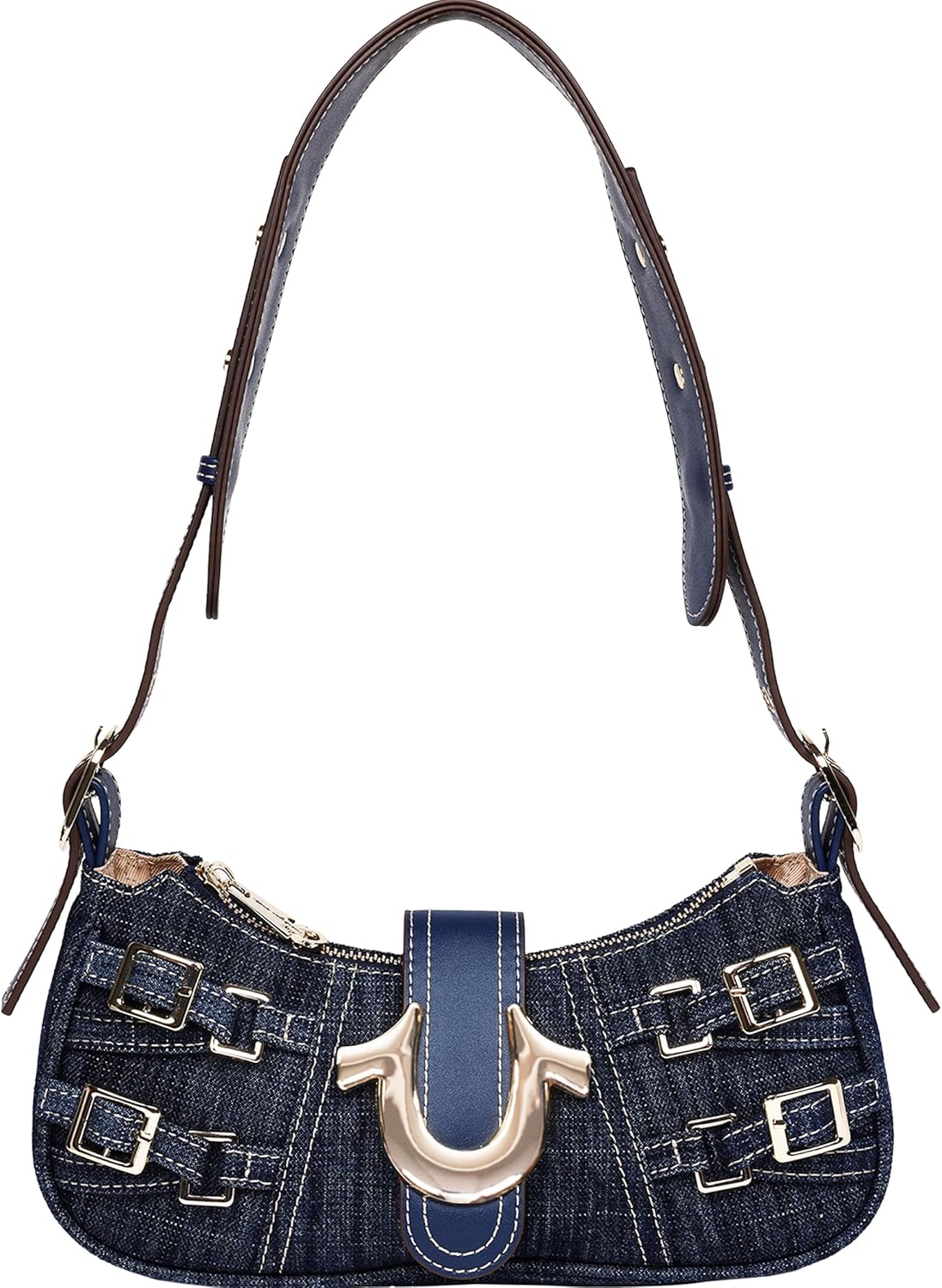 True Religion Denim Shoulder Bag, Everyday Purse with Adjustable Strap, Zip and Magnetic Snap Closure, Dark Denim