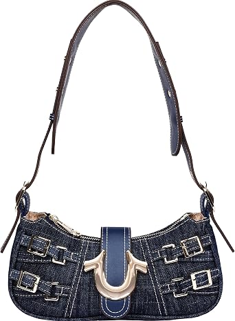 True Religion Denim Shoulder Bag, Everyday Purse with Adjustable Strap, Zip and Magnetic Snap Closure