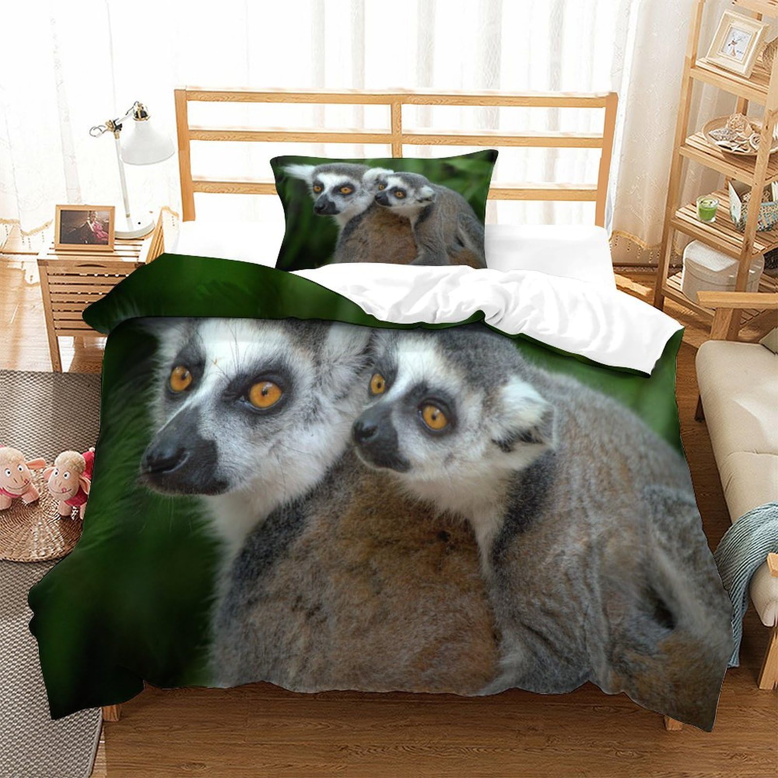 P1S9U7W5Y Wild Animal 3D Printed Lemur Duvet Cover Set 3pcs Microfiber Forest Lemur Bedding Set Single