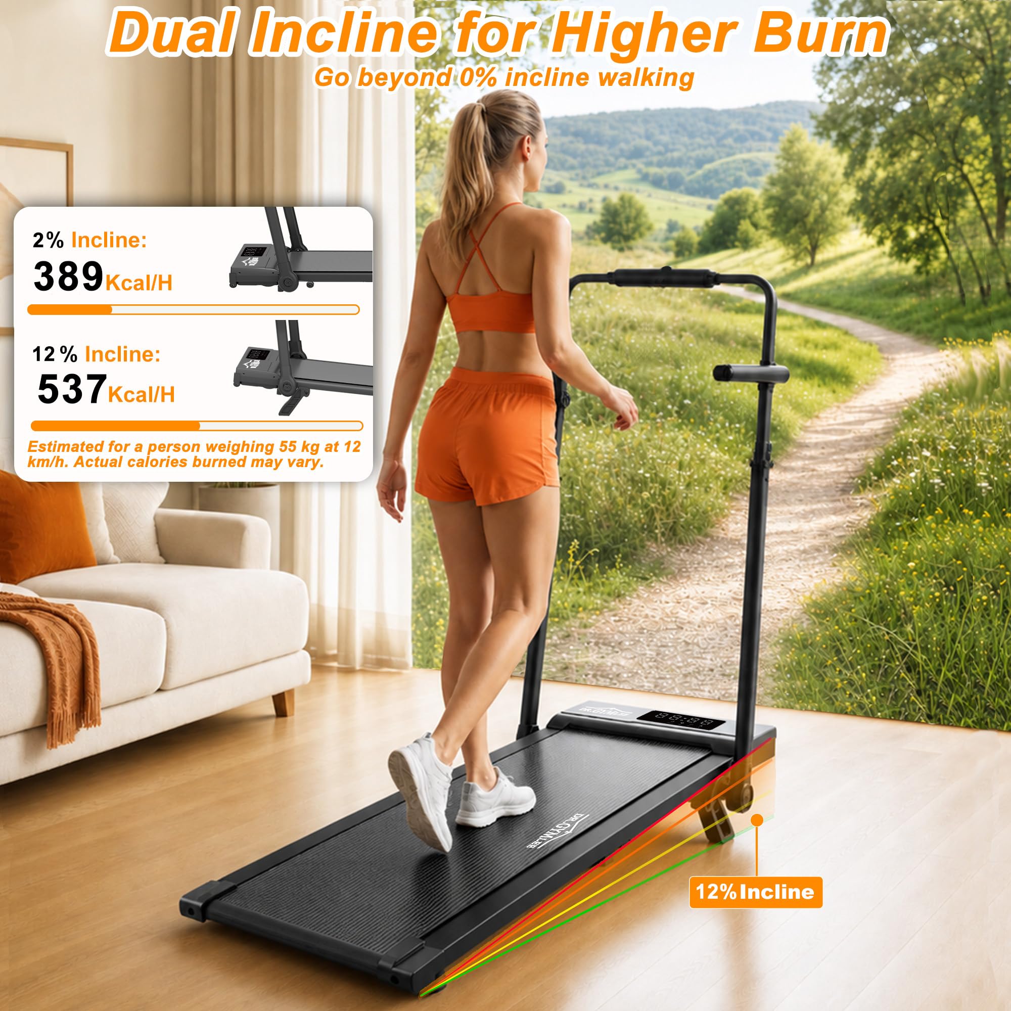Tapis de course pliable, Walking Pad 6 en 1 avec inclinaison à 2 niveaux, vitesse 1–12 km/h, guidon extensible 15 cm, poste de travail, tapis silencieux, charge 130 kg