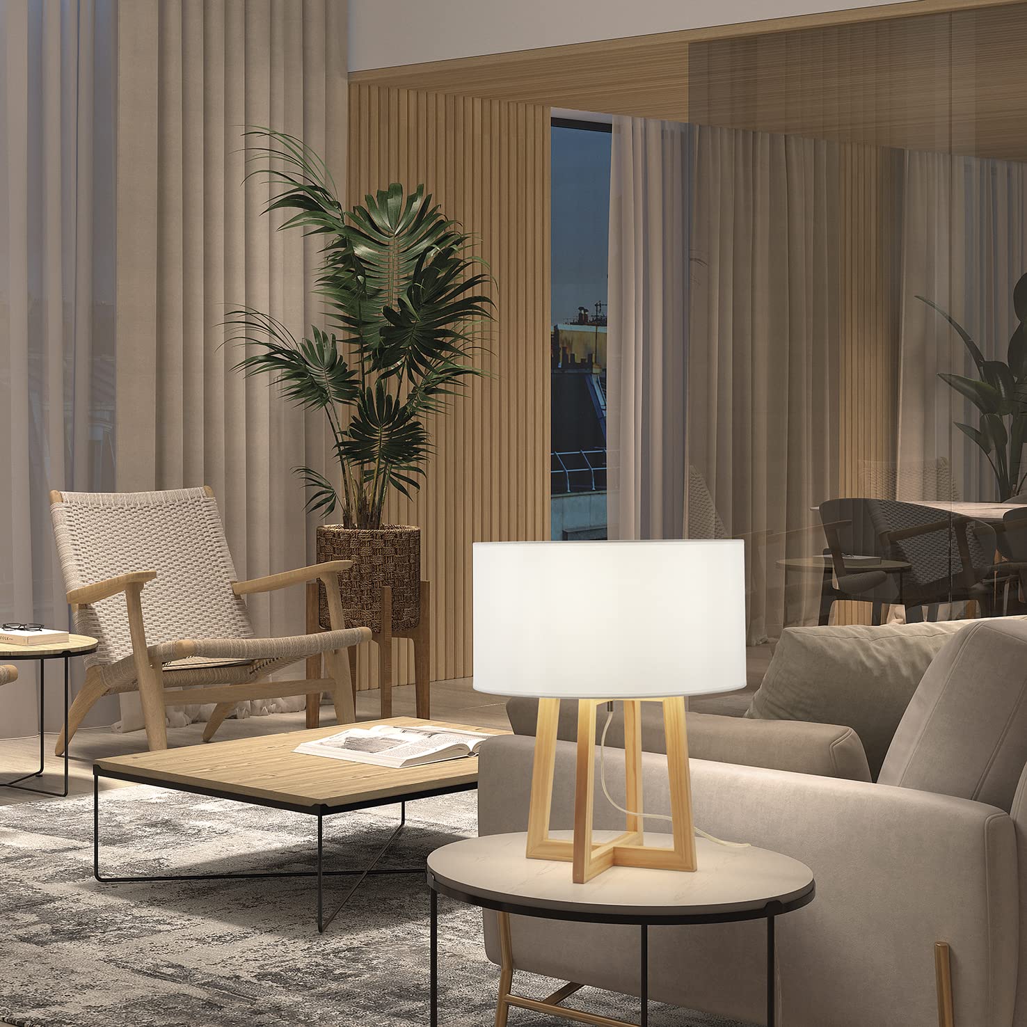 Lámpara de mesa KARA madera haya pantalla blanca incluida portalámpara E27 interior IP20. Sobremesa ideal para mesa auxiliar del salón o dormitorio.…