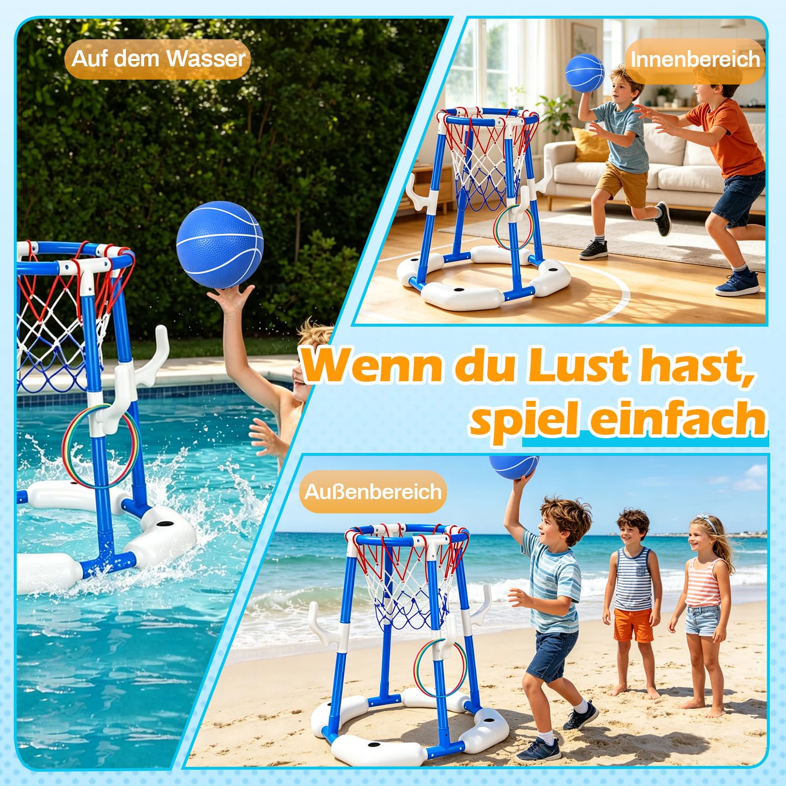 Pool Basketballkorb 2-in-1 Schwimmender Basketball Hoop für Kinder Erwachsene mit 2 Bällen 12 Ringen Pumpe