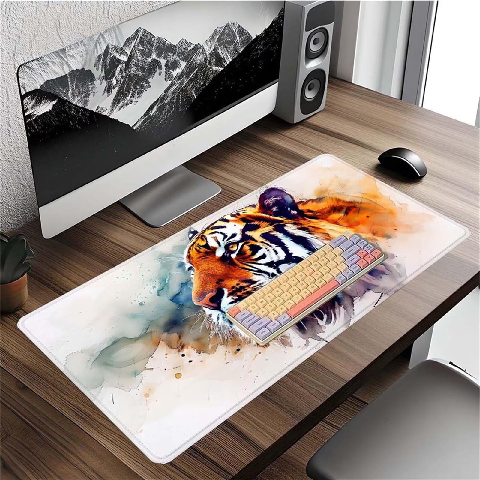 Alfombrilla Ratón Tinta Tigre Alfombrilla Ratón XXL 1400x600x3mm Mouse Pad Resiste Salpicaduras, Extendida de Gran Tamaño con Bordes Cosidos, Mejora Precisión y Velocidad,Antideslizante,Duradera y-445