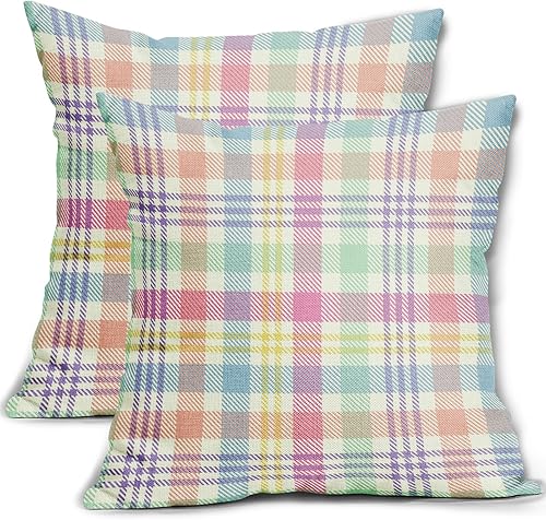 Fundas de almohada de primavera a cuadros de 18 x 18 pulgadas, decoraciones de Pascua, color rosa, verde, azul, colorido, búfalo, juego de 2 fundas