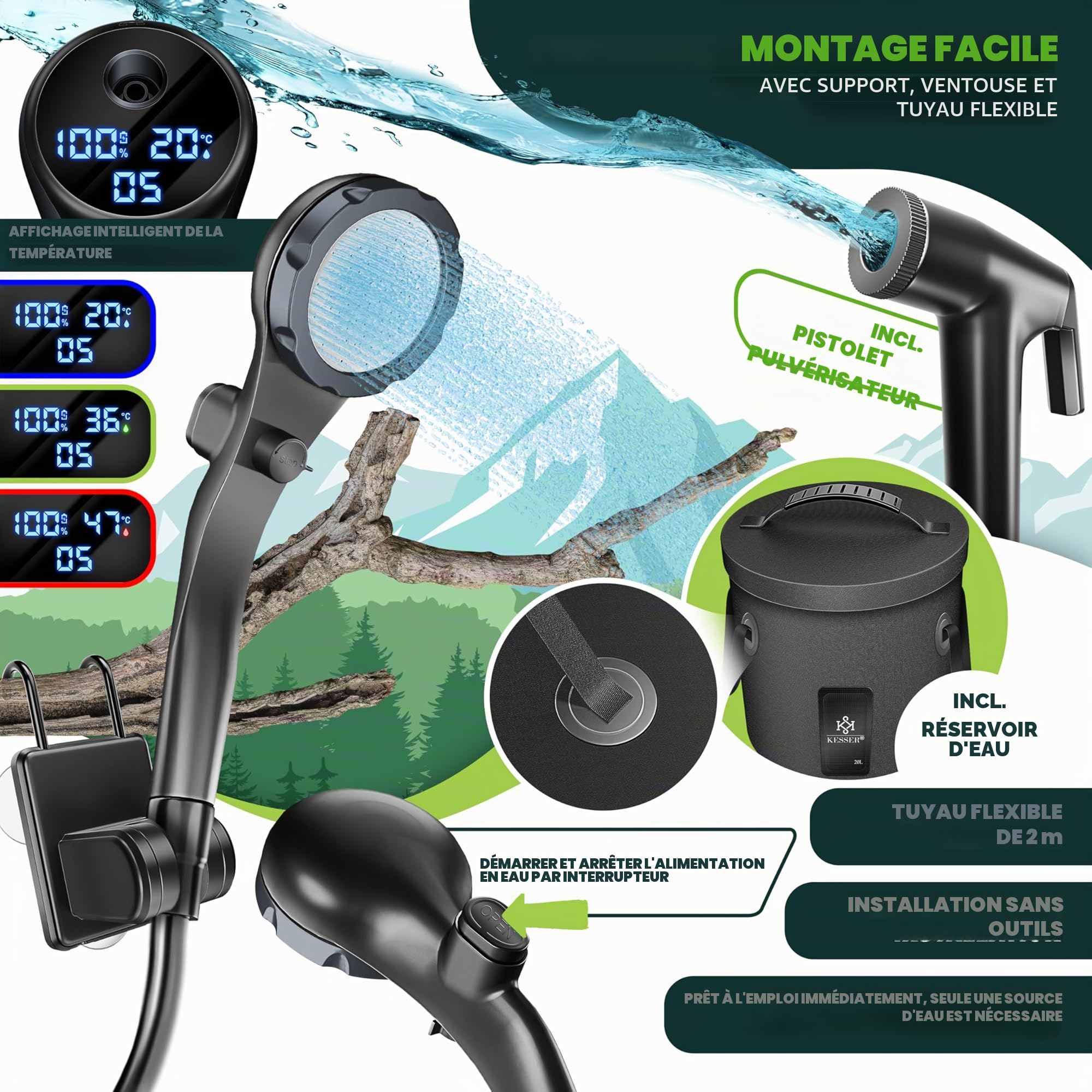 KESSER® Douche solaire de camping avec pompe et batterie rechargeable 4000 mAh - Kit de douche de camping avec pommeau de douche réglable, tuyau de 2 m, pistolet pulvérisateur et support