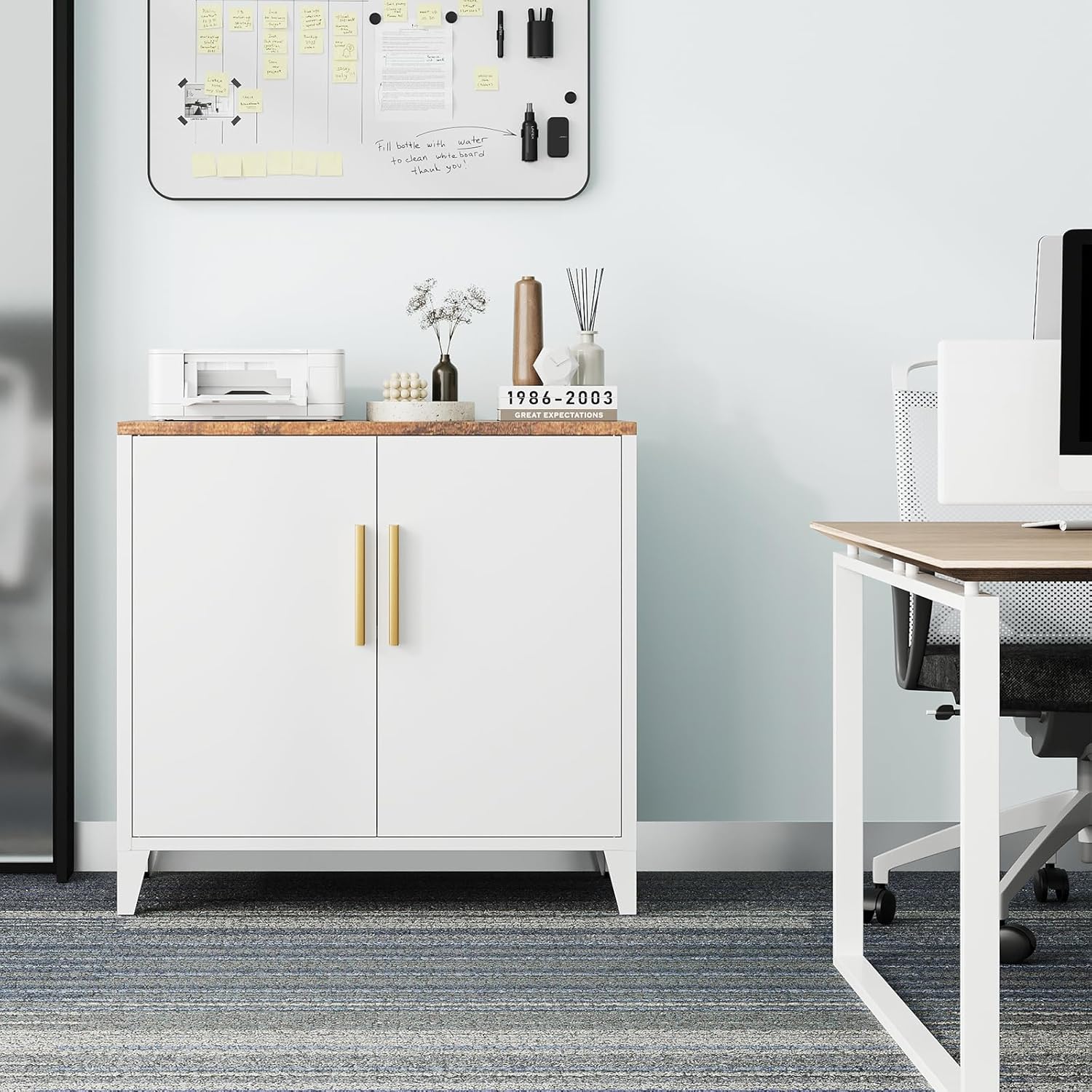 Metal Storage Cabinet with Wooden Top, Office Storage Cabinet Sideboard Buffet Cabinet with Storage, Entryway Cabinet for Living Room, Dining Room, Home Office, White