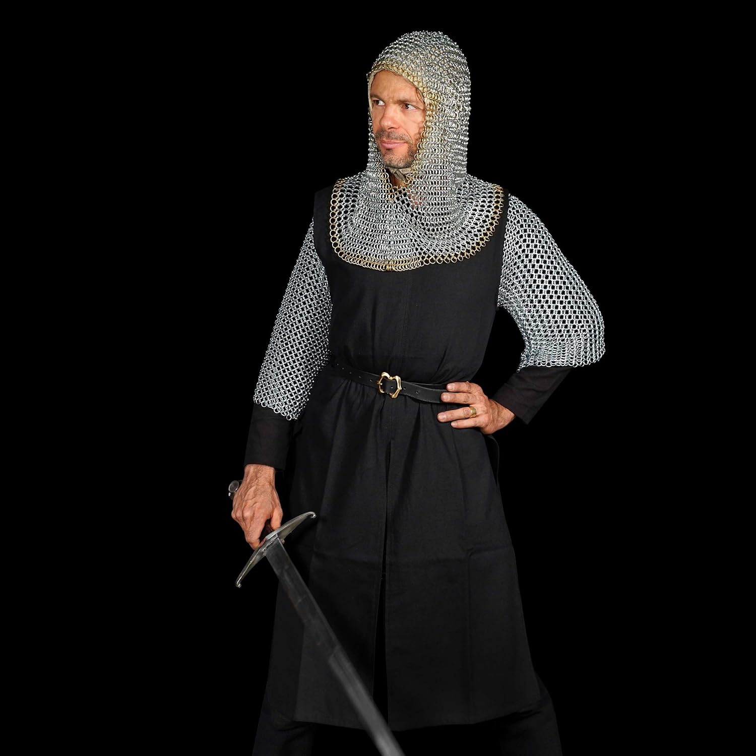 Miniatura 5 de Mythrojan Chainmail Coif Caballero medieval renacentista Armadura cadena campana de correo vikingo LARP calibre 16