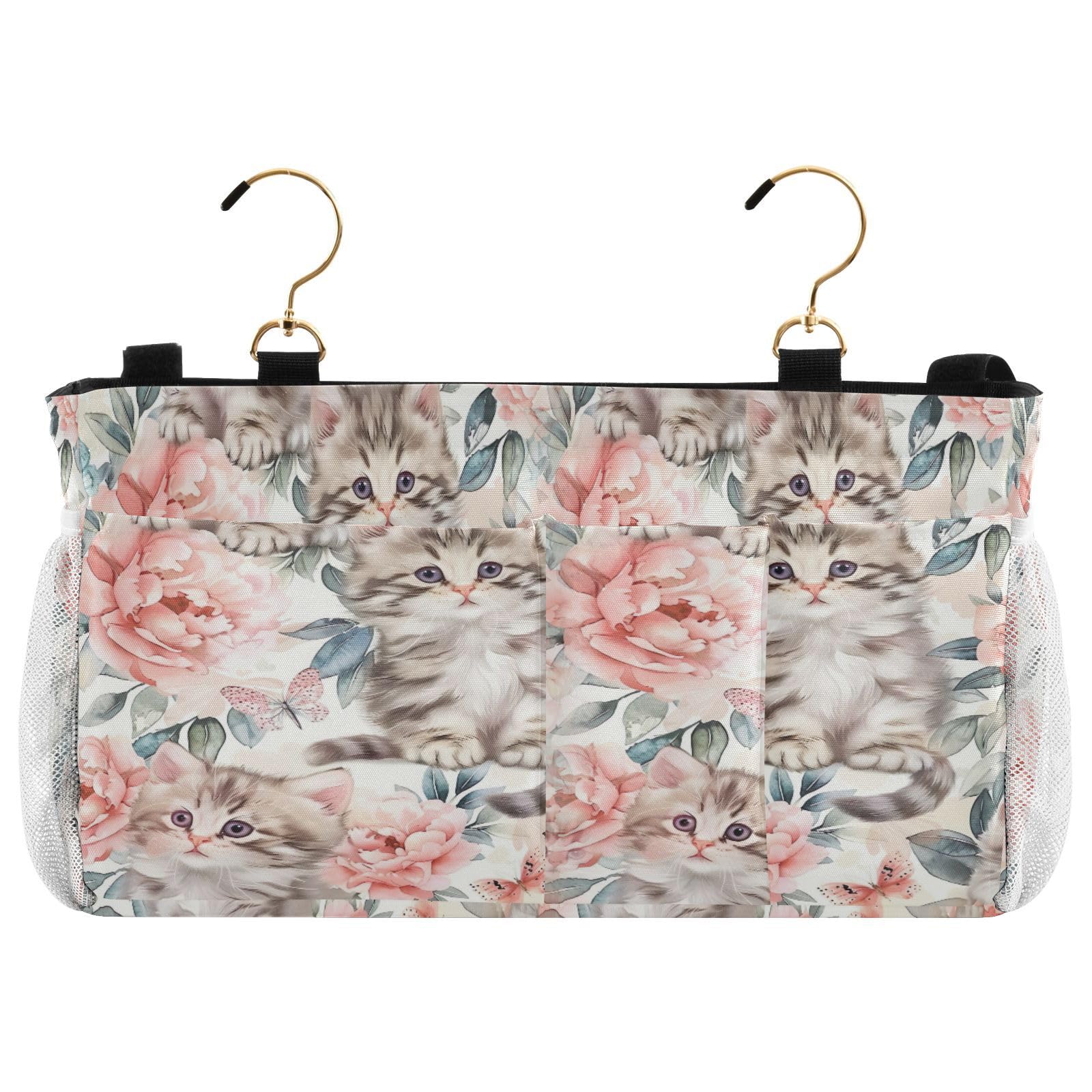 Jihqo Bedside Caddy Hanging Storage Bag Cats and Flowers Bedside Organizer Caddy for Bunk, Dorm Room, Hospital Beds - Place Magazines / Remotes / Keys