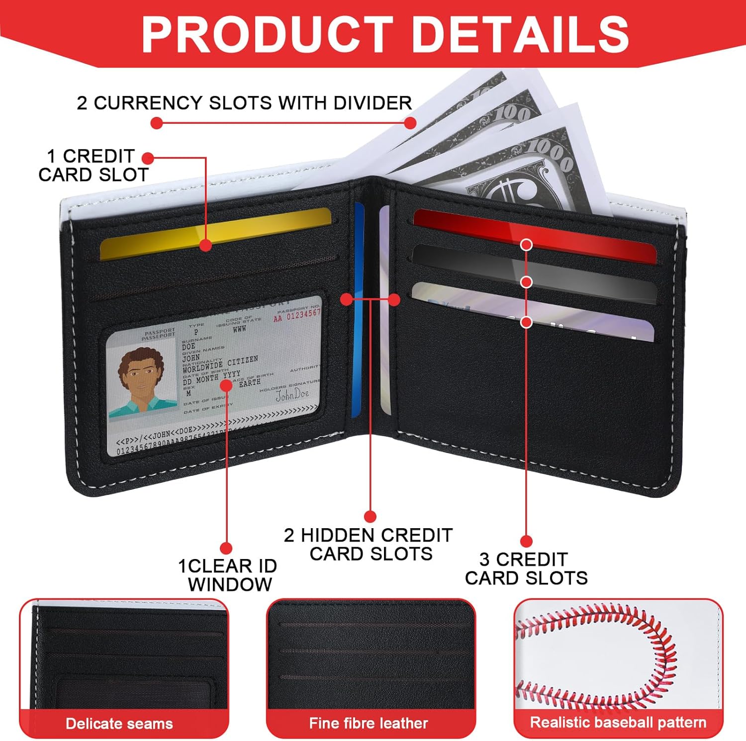 Yeyeplum 野球財布 12個 ホワイトレザー 野球ステッチ 札入れ 小銭入れ IDウィンドウ付き スポーツパーティー チームギ