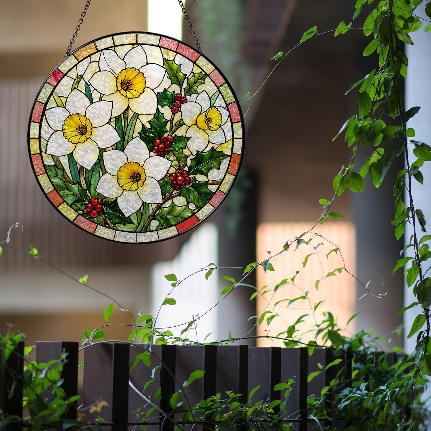 Narcissus and Holly Sun Catcher for Indoor Window, December Birth Flower Stained Glass Suncatcher Window Hanging, Birthday Gift for Women Mom Daughter, Floral Glass Decor, 7.87 Inch