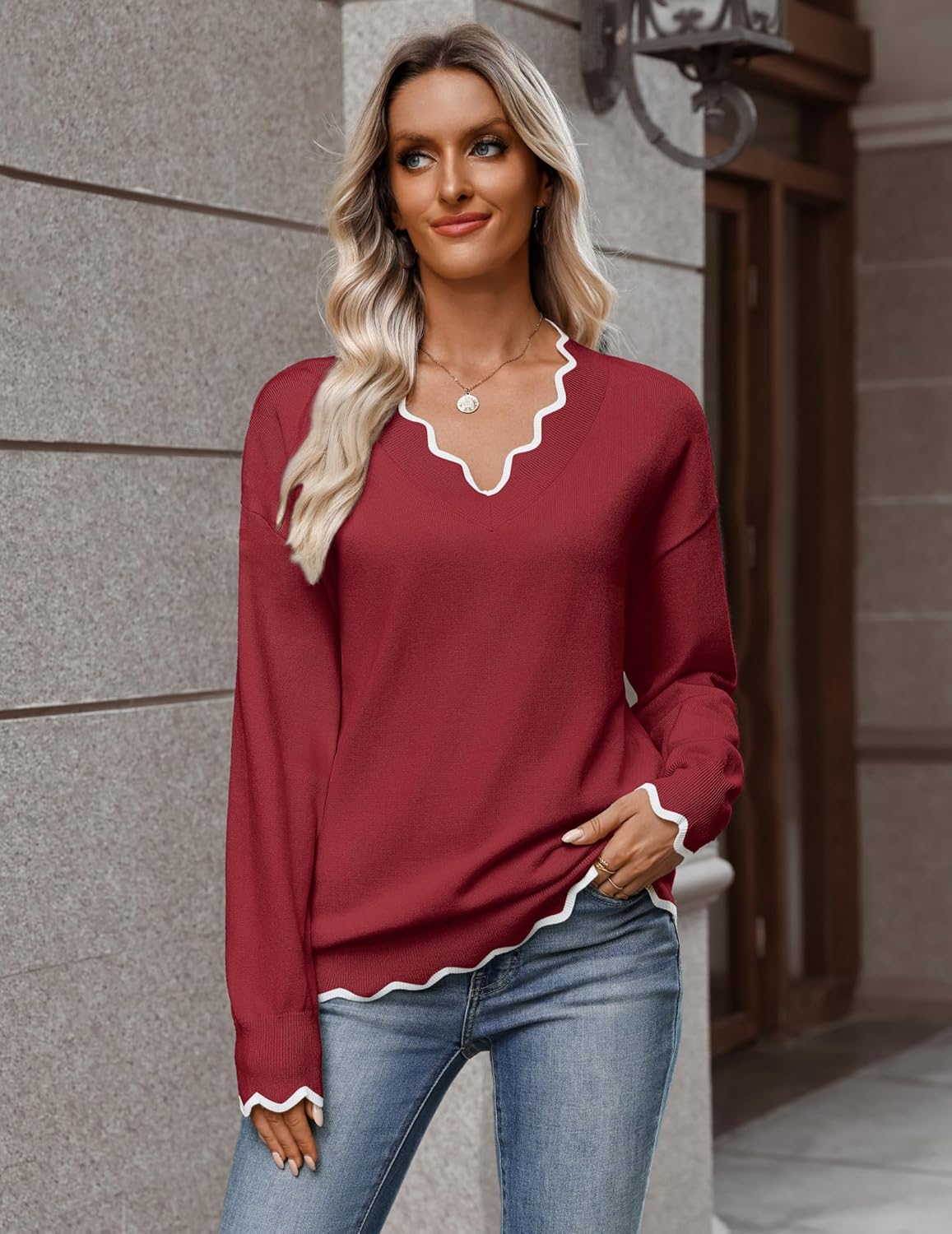 Zeagoo Women's 2026 Fall V Neck Sweater Casual Long Sleeve Lightweight Ribbed Knit Pullover Sweaters Dressy Casual Tops - Image 5